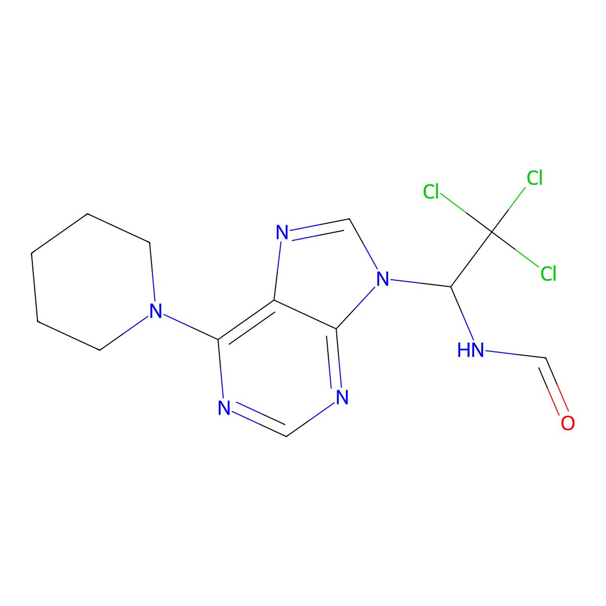 N-[2,2,2-trichloro-1-(6-piperidin-1-ylpurin-9-yl)ethyl]formamide molecular structure, CAS 303024-33-1