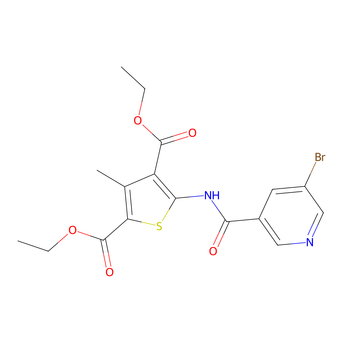 Diethyl 5-[(5-bromopyridine-3-carbonyl)amino]-3-methylthiophene-2,4-dicarboxylate molecular structure, CAS 303031-51-8