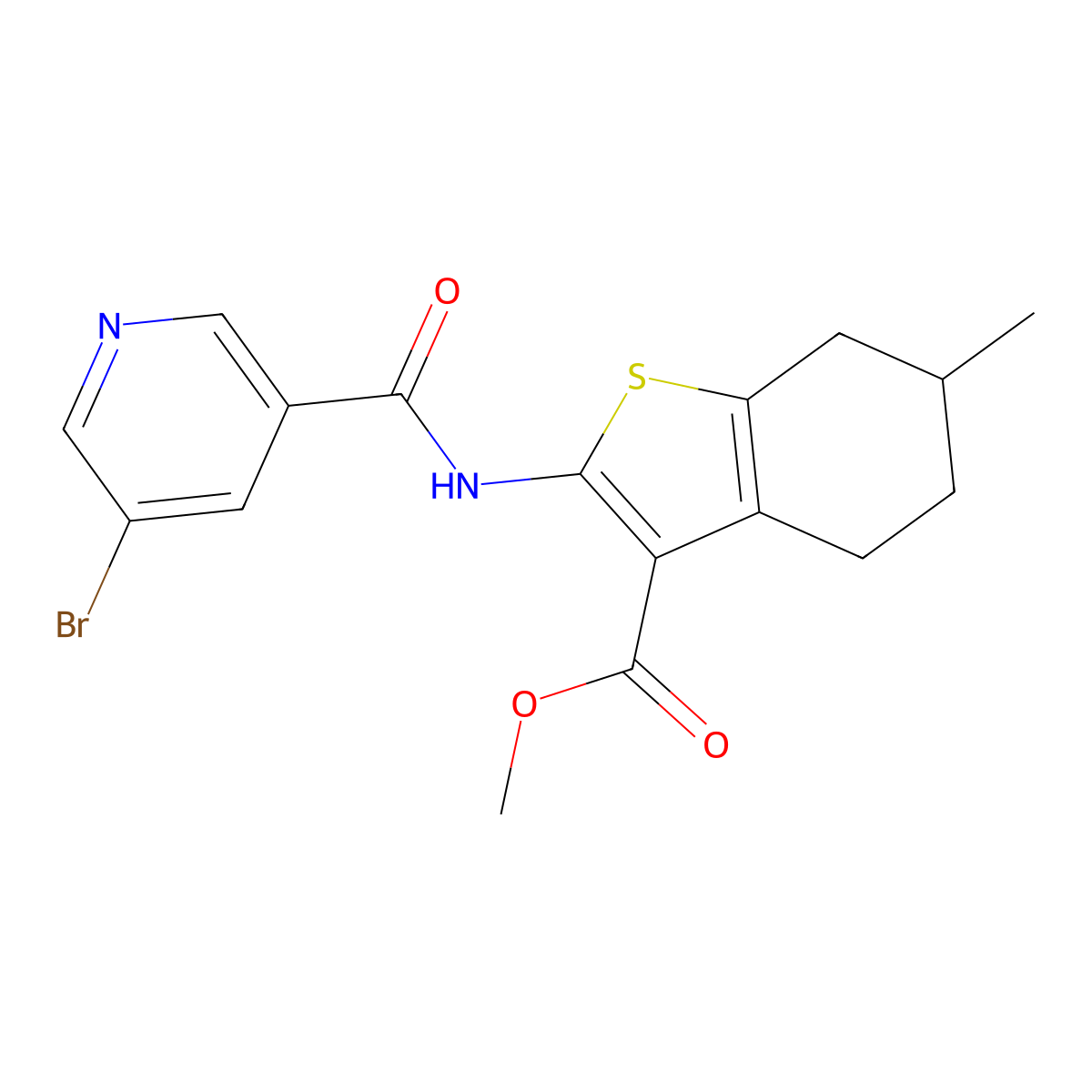 Methyl 2-{[(5-bromopyridin-3-yl)carbonyl]amino}-6-methyl-4,5,6,7-tetrahydro-1-benzothiophene-3-carboxylate molecular structure, CAS 303031-54-1