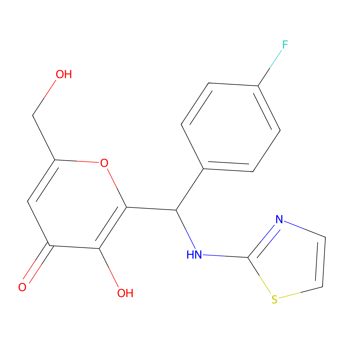 2-[(4-Fluorophenyl)(1,3-thiazol-2-ylamino)methyl]-3-hydroxy-6-(hydroxymethyl)p yran-4-one molecular structure, CAS 303033-59-2