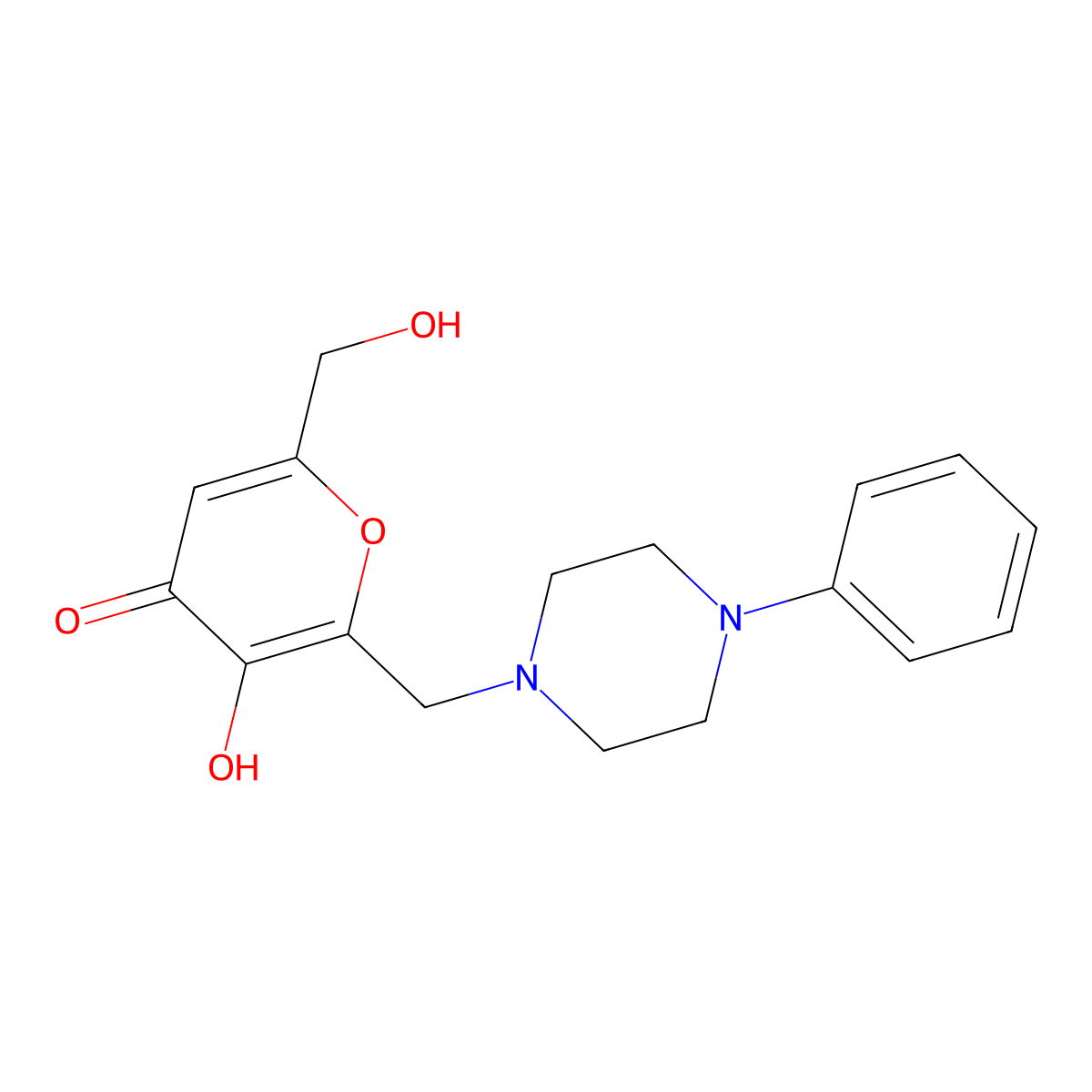 3-Hydroxy-6-(hydroxymethyl)-2-[(4-phenylpiperazinyl)methyl]pyran-4-one molecular structure, CAS 303033-62-7
