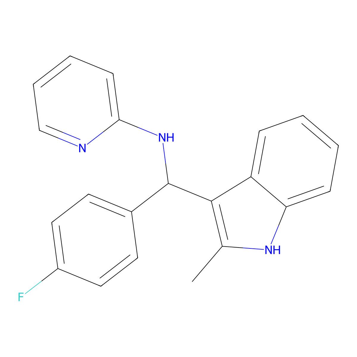 N-[(4-fluorophenyl)(2-methyl-1H-indol-3-yl)methyl]pyridin-2-amine molecular structure, CAS 303033-64-9