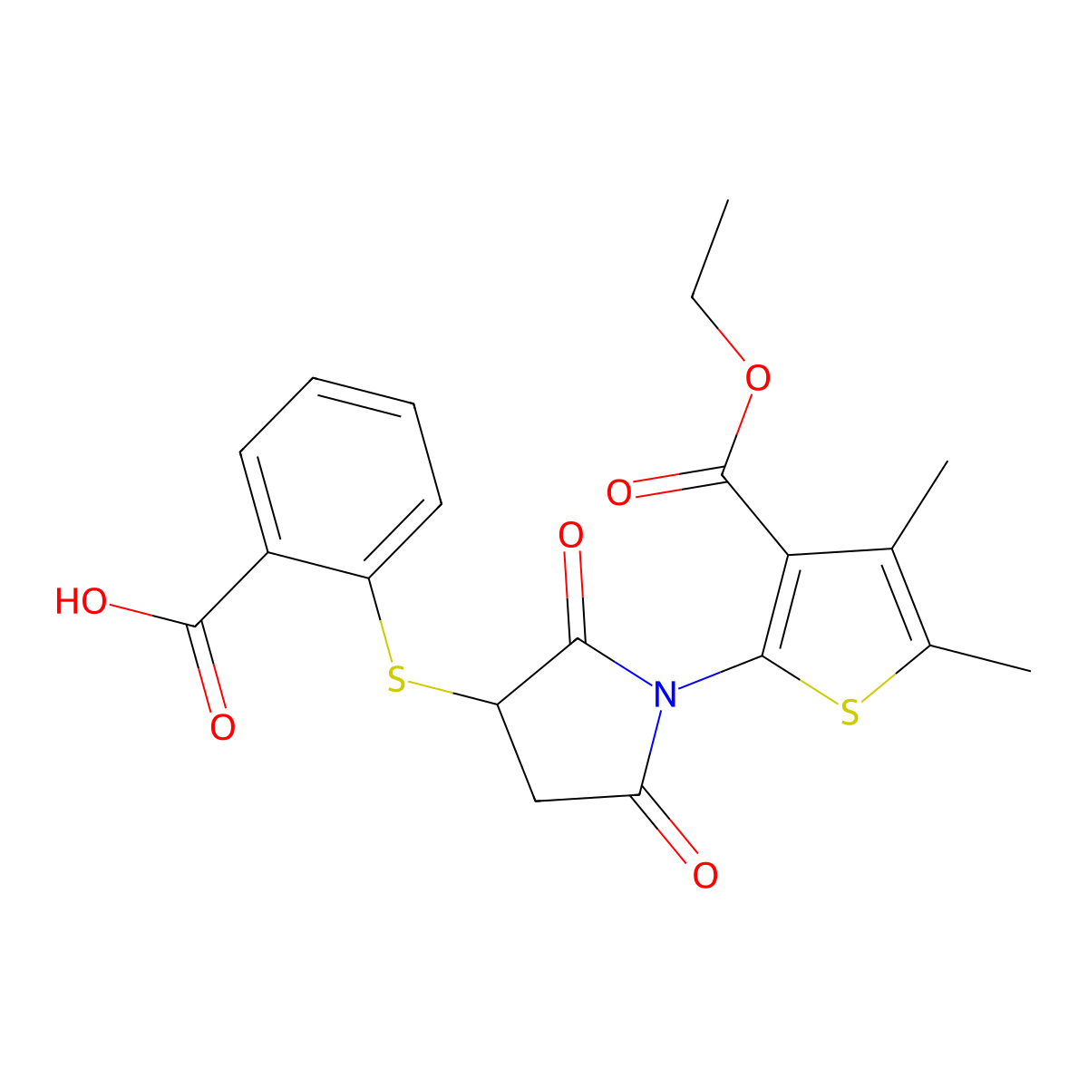 2-({1-[3-(Ethoxycarbonyl)-4,5-dimethylthiophen-2-yl]-2,5-dioxopyrrolidin-3-yl}sulfanyl)benzoic acid molecular structure, CAS 303033-65-0
