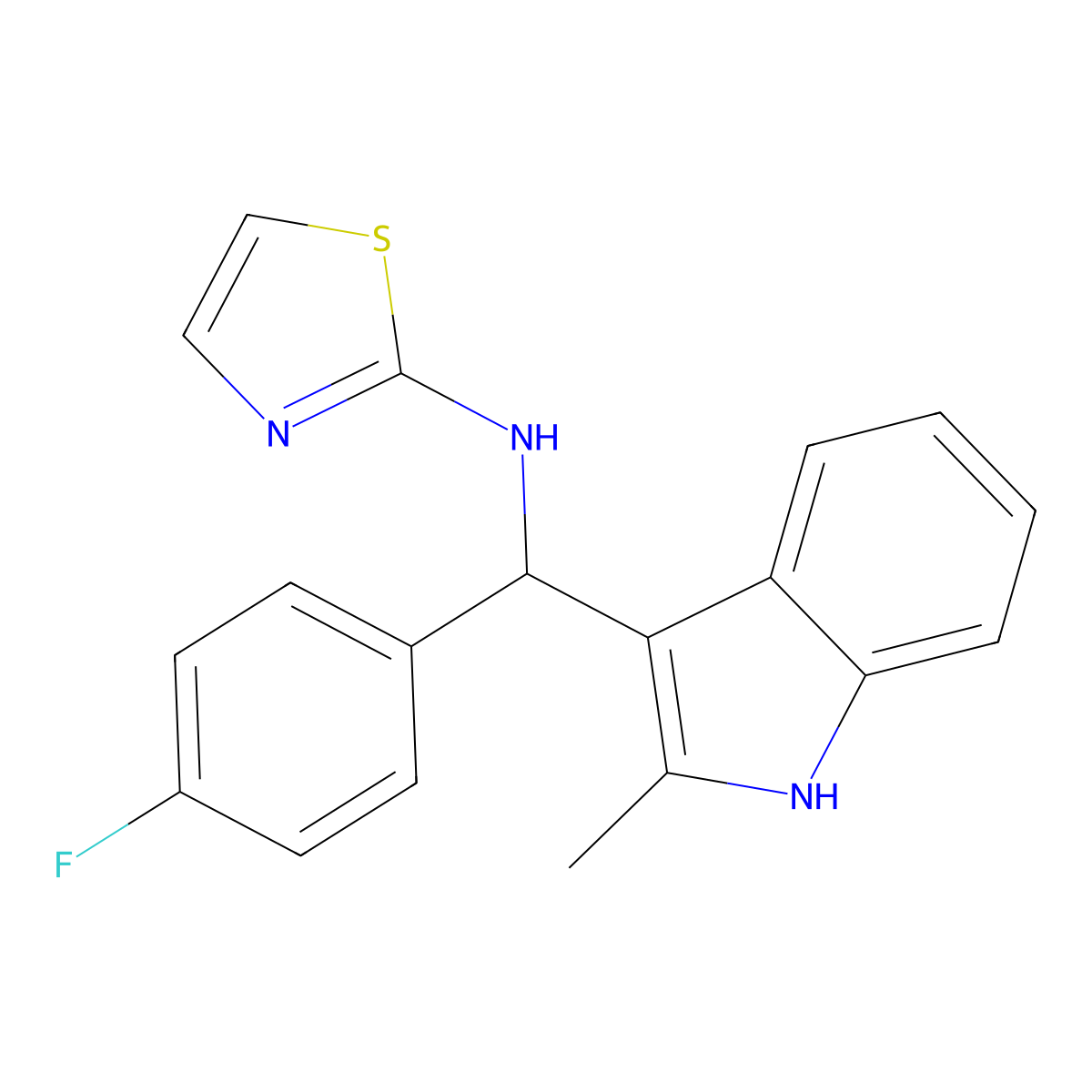 N-[(4-fluorophenyl)(2-methyl-1H-indol-3-yl)methyl]-1,3-thiazol-2-amine molecular structure, CAS 303035-68-9