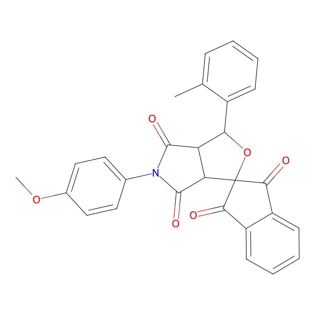 5-(4-methoxyphenyl)-1-(2-methylphenyl)spiro[3a,6a-dihydro-1H-furo[3,4-c]pyrrole-3,2'-indene]-1',3',4,6-tetrone molecular structure, CAS 303037-08-3