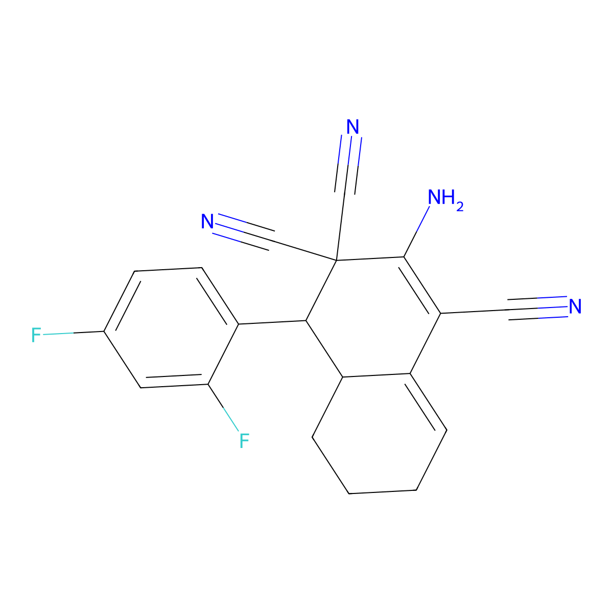 2-amino-4-(2,4-difluorophenyl)-4a,5,6,7-tetrahydronaphthalene-1,3,3(4H)-tricarbonitrile molecular structure, CAS 303037-32-3