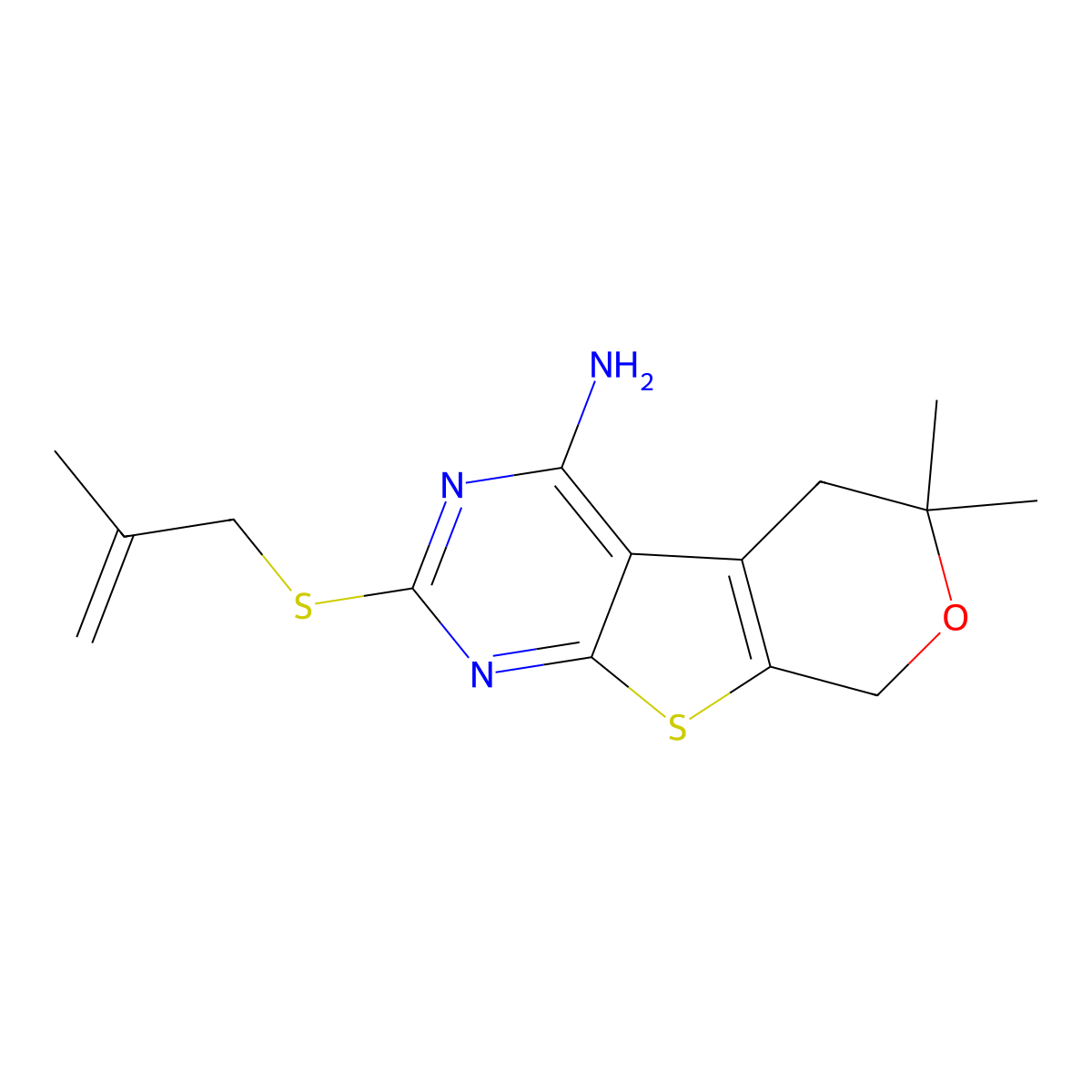 6,6-dimethyl-2-[(2-methyl-2-propenyl)sulfanyl]-5,8-dihydro-6H-pyrano[4',3':4,5]thieno[2,3-d]pyrimidin-4-amine molecular structure, CAS 303042-21-9