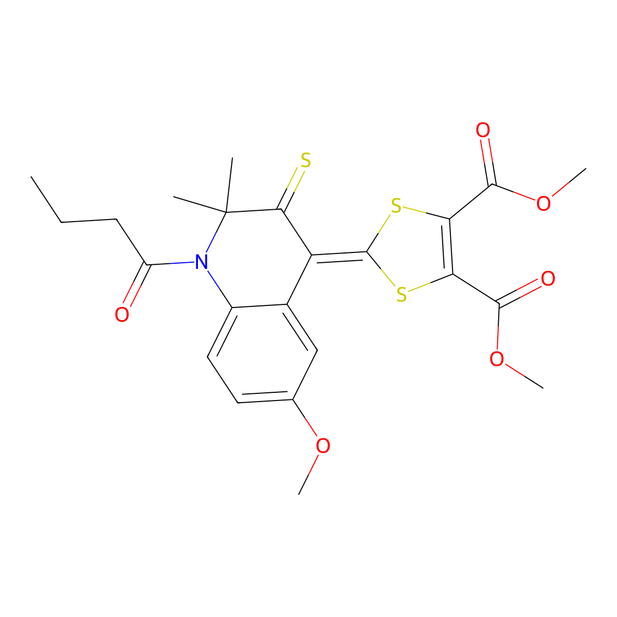 Dimethyl 2-(1-butanoyl-6-methoxy-2,2-dimethyl-3-sulfanylidenequinolin-4-ylidene)-1,3-dithiole-4,5-dicarboxylate molecular structure, CAS 303042-37-7
