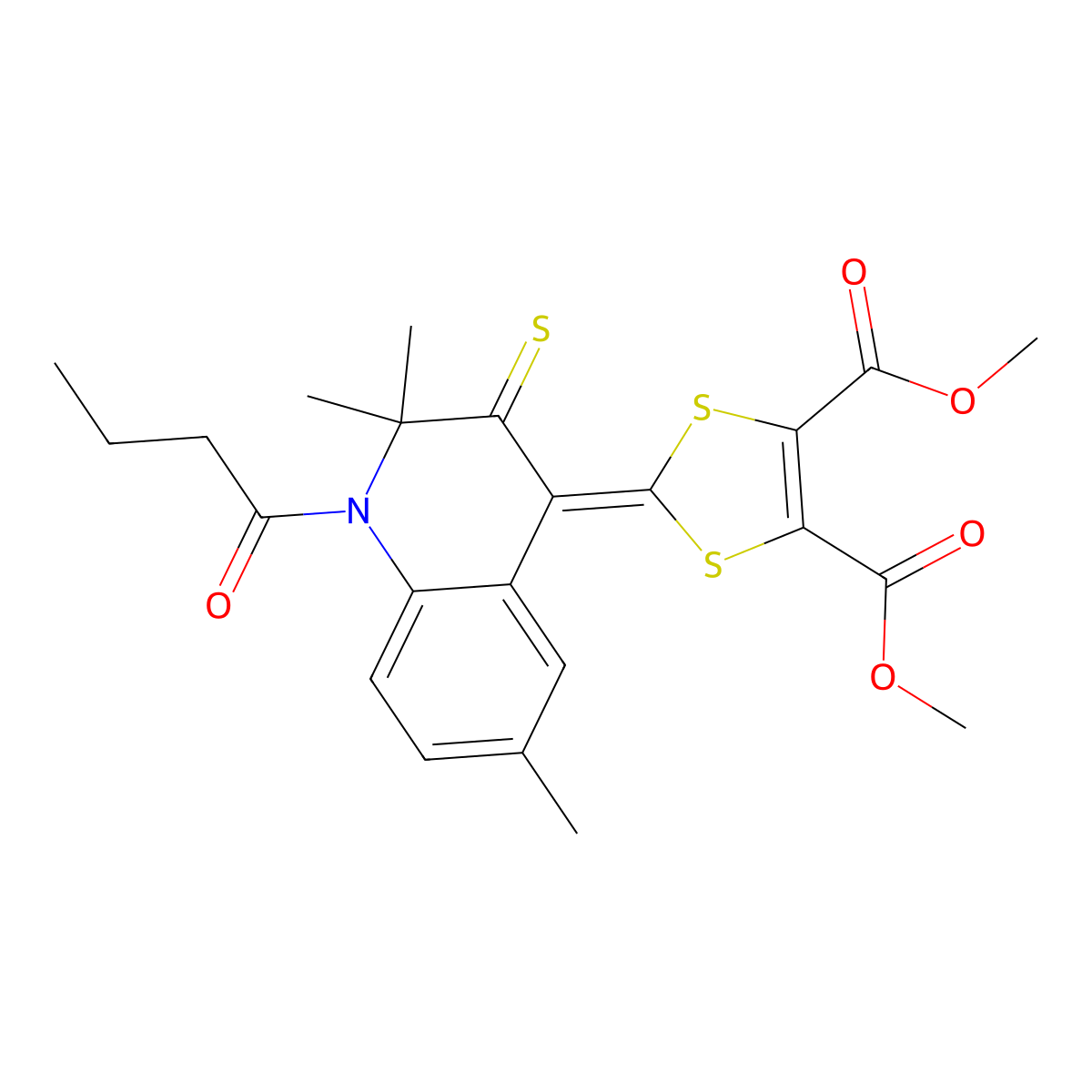 Dimethyl 2-(1-butanoyl-2,2,6-trimethyl-3-sulfanylidenequinolin-4-ylidene)-1,3-dithiole-4,5-dicarboxylate molecular structure, CAS 303051-01-6