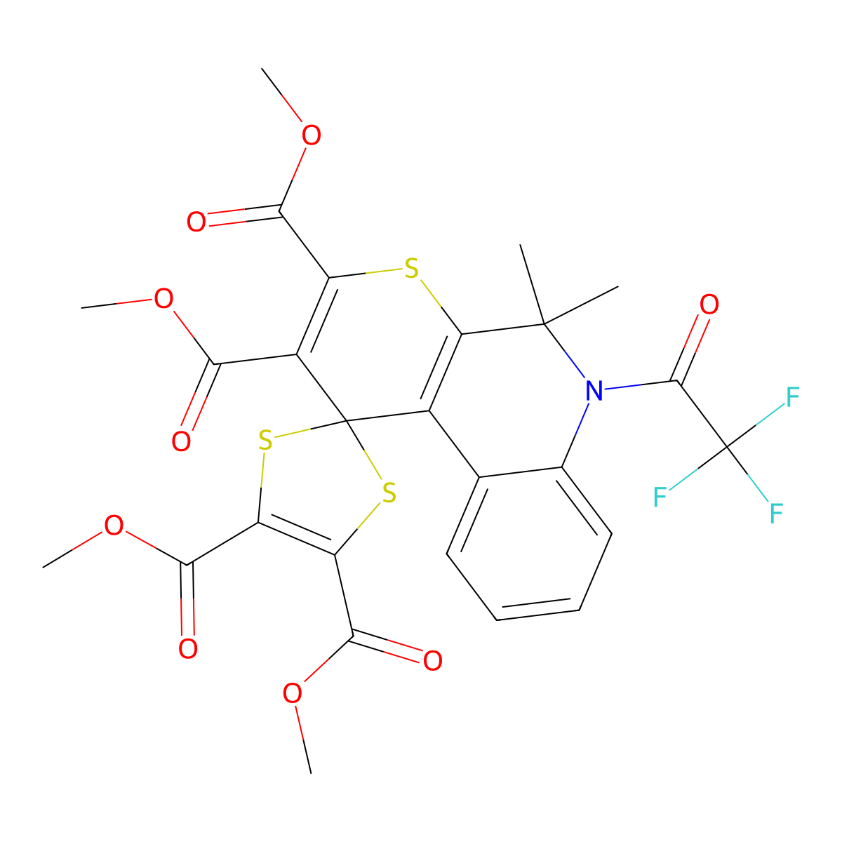 Tetramethyl 5',5'-dimethyl-6'-(2,2,2-trifluoroacetyl)spiro[1,3-dithiole-2,1'-thiopyrano[2,3-c]quinoline]-2',3',4,5-tetracarboxylate molecular structure, CAS 303051-28-7