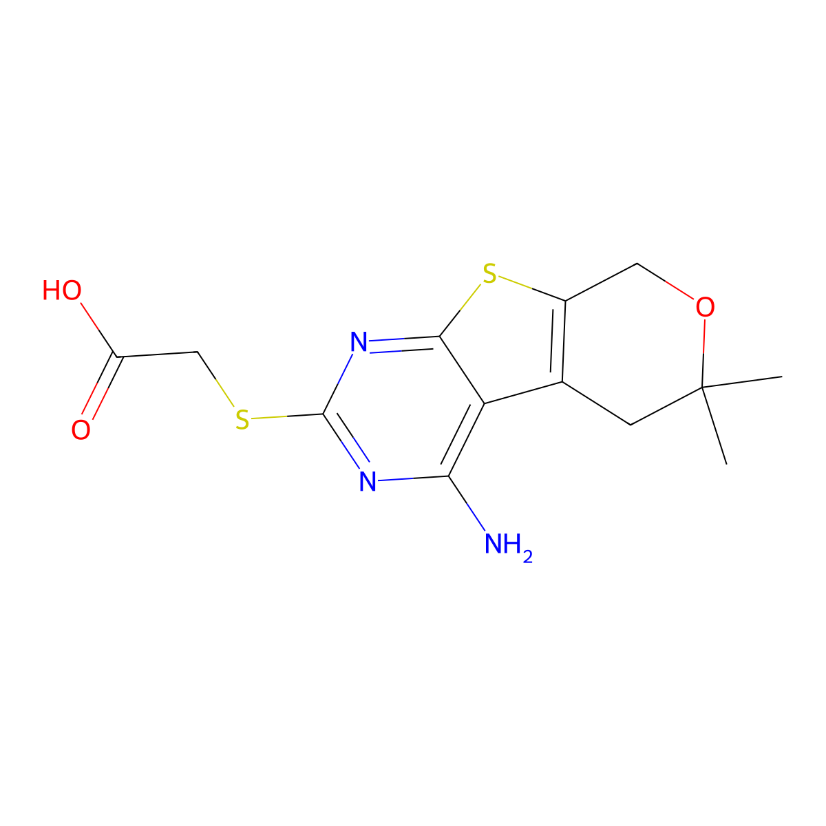 (4-Amino-6,6-dimethyl-5,8-dihydro-6H-7-oxa-9-thia-1,3-diaza-fluoren-2-ylsulfanyl)-acetic acid molecular structure, CAS 303051-29-8
