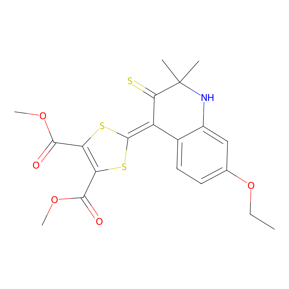 dimethyl 2-(7-ethoxy-2,2-dimethyl-3-thioxo-2,3-dihydroquinolin-4(1H)-ylidene)-1,3-dithiole-4,5-dicarboxylate molecular structure, CAS 303051-63-0