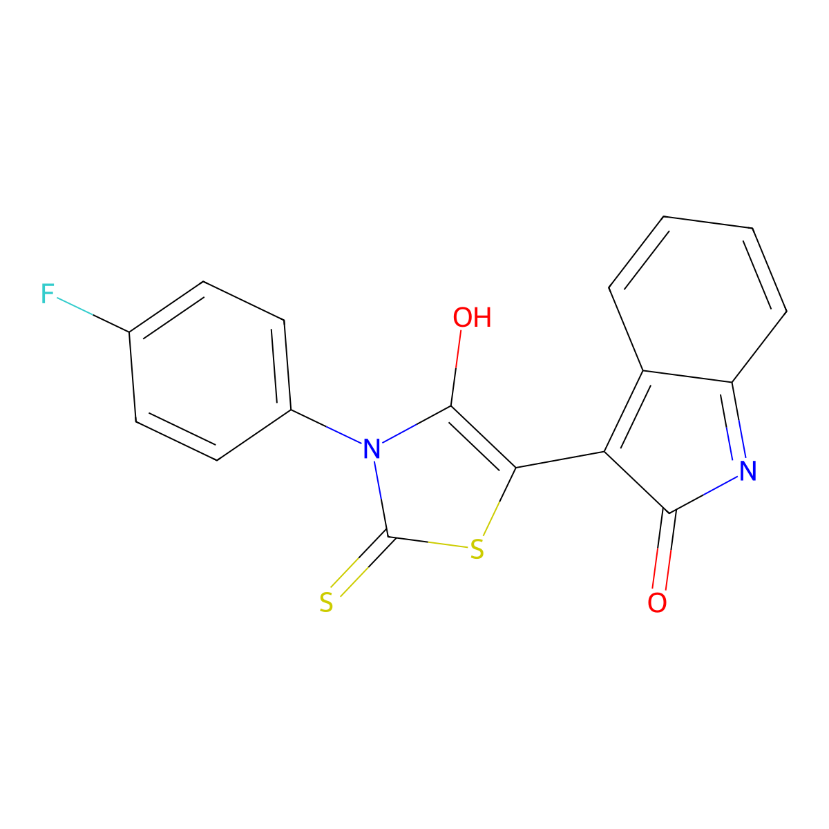 (Z)-3-(4-fluorophenyl)-5-(2-oxoindolin-3-ylidene)-2-thioxothiazolidin-4-one molecular structure, CAS 303056-37-3