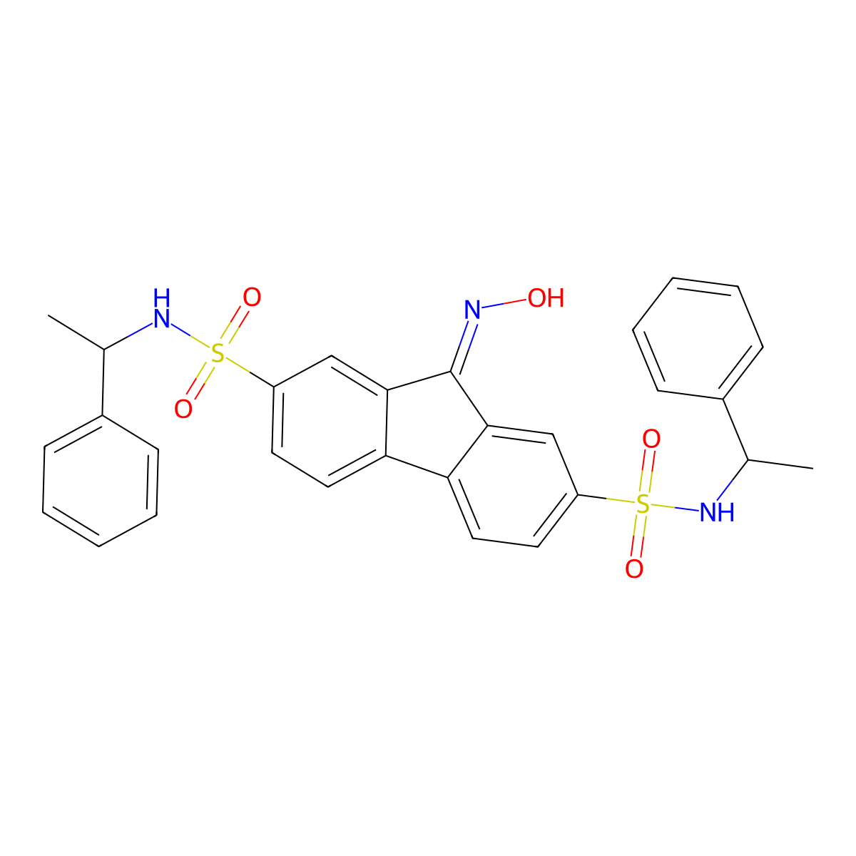 9-(Hydroxyimino)-N(2),N(7)-bis(1-phenylethyl)-9H-fluorene-2,7-disulfonamide molecular structure, CAS 303059-47-4