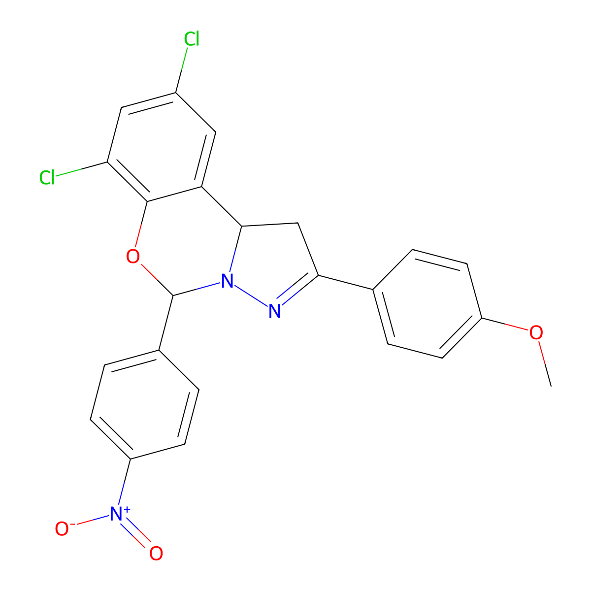 7,9-Dichloro-2-(4-methoxyphenyl)-5-(4-nitrophenyl)-1,10B-dihydropyrazolo(1,5-C)(1,3)benzoxazine molecular structure, CAS 303059-66-7