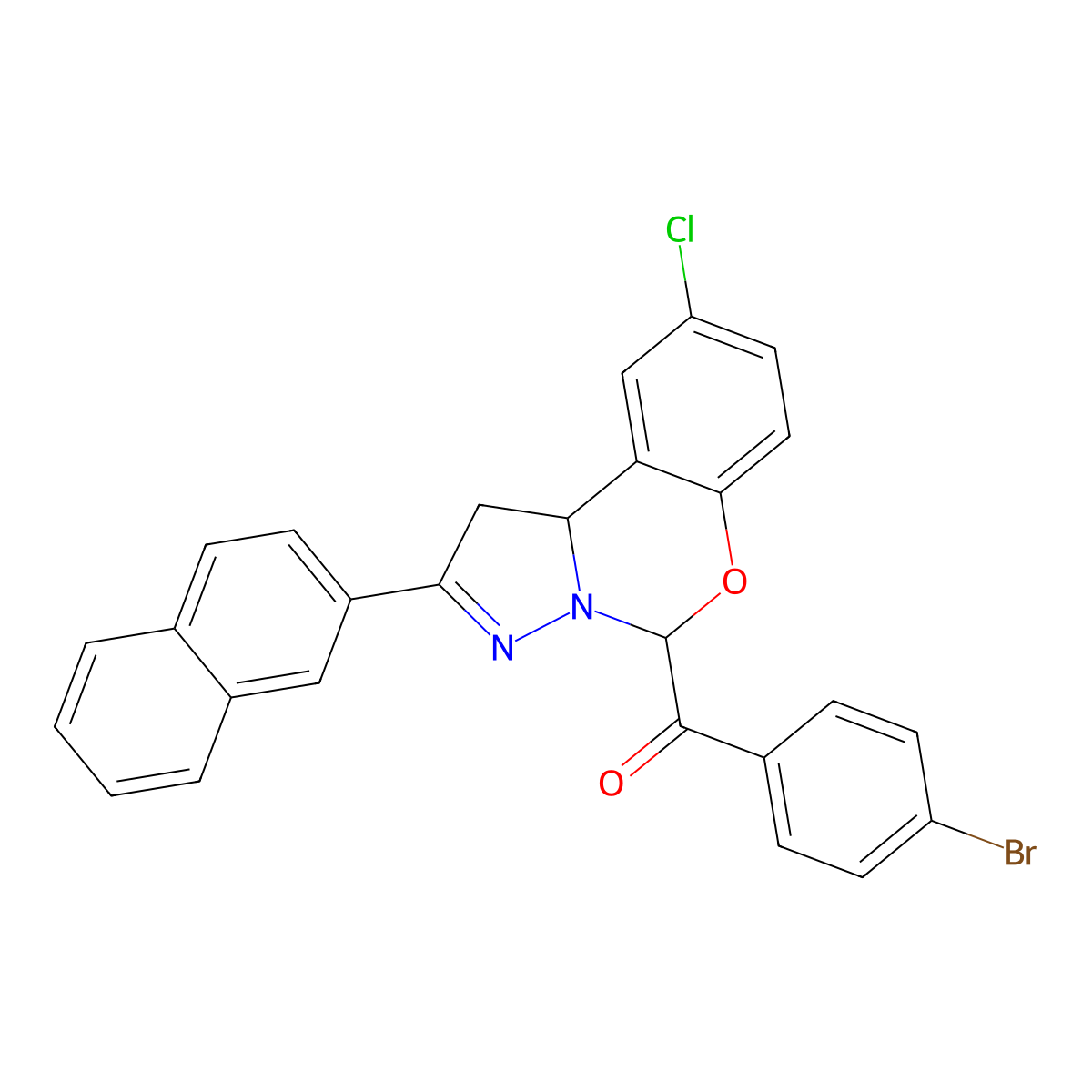 (4-Bromophenyl)(9-chloro-2-(2-naphthyl)-1,10B-dihydropyrazolo(1,5-C)(1,3)benzoxazin-5-YL)methanone molecular structure, CAS 303059-96-3