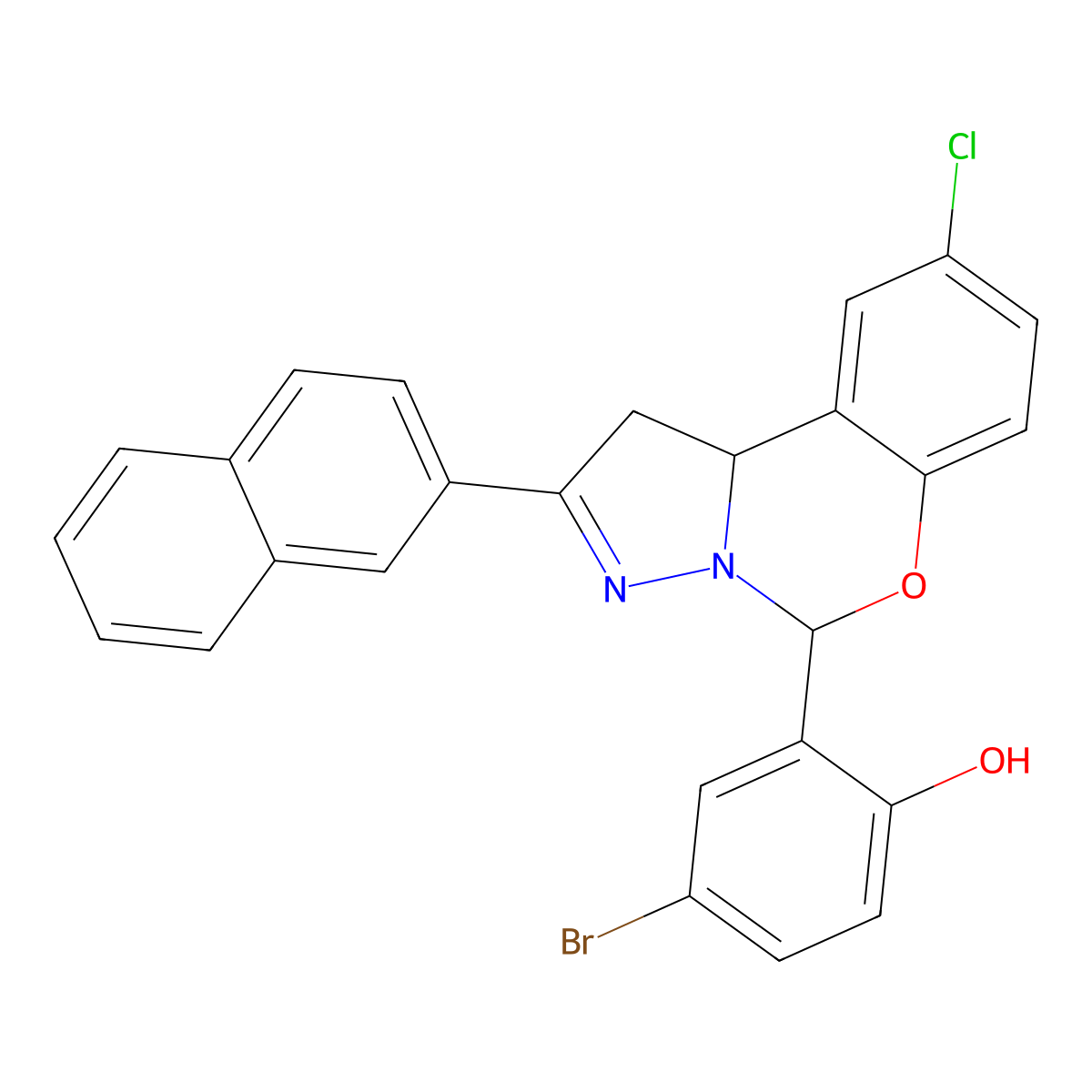 4-BR-2(9-CL-2(2-Naphthyl)1,10B-dihydropyrazolo(1,5-C)(1,3)benzoxazin-5-YL)phenol molecular structure, CAS 303060-31-3