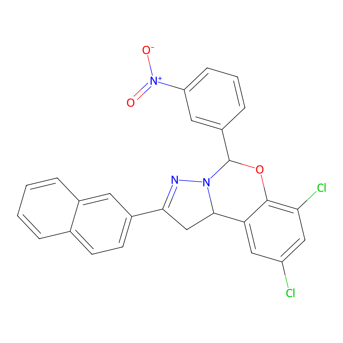 7,9-Dichloro-2-(2-naphthyl)-5-(3-nitrophenyl)-1,10B-dihydropyrazolo(1,5-C)(1,3)benzoxazine molecular structure, CAS 303060-33-5