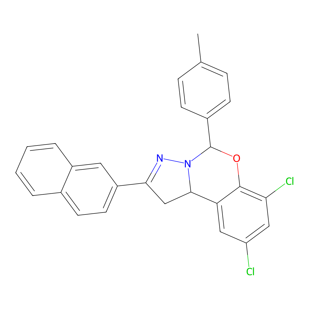 7,9-DI-CL-5-(4-ME-PH)2-(2-Naphthyl)-1,10B-dihydropyrazolo(1,5-C)(1,3)benzoxazine molecular structure, CAS 303060-39-1