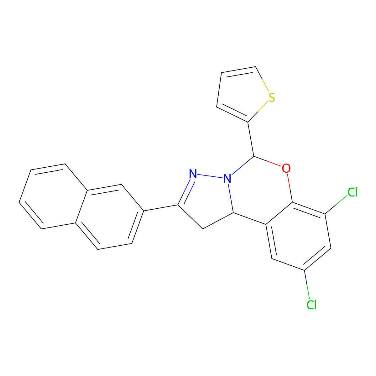7,9-Dichloro-2-(2-naphthyl)-5-(2-thienyl)-1,10B-dihydropyrazolo(1,5-C)(1,3)benzoxazine molecular structure, CAS 303060-65-3