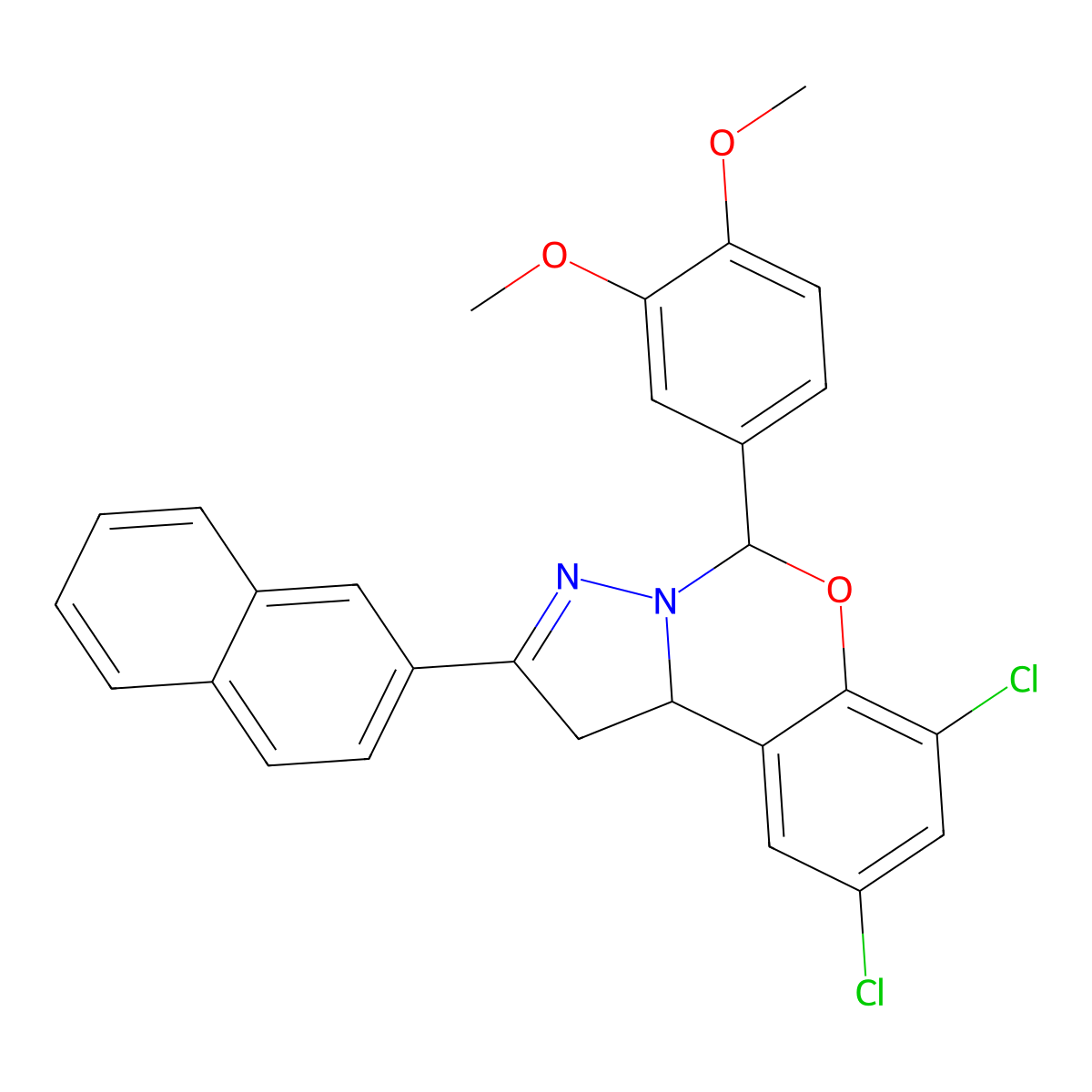 7,9-Dichloro-5-(3,4-dimethoxyphenyl)-2-(2-naphthyl)-1,10B-dihydropyrazolo(1,5-C)(1,3)benzoxazine molecular structure, CAS 303060-69-7