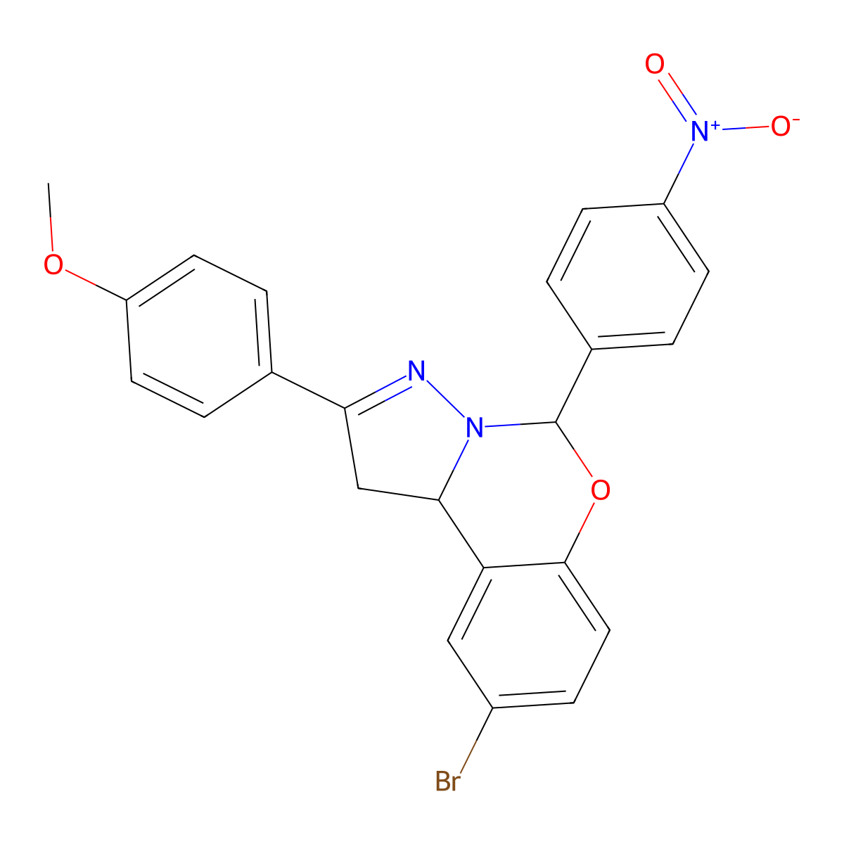4(9-BR-5(4-Nitro-PH)1,10B-dihydropyrazolo(1,5-C)(1,3)benzoxazin-2-YL)PH ME ether molecular structure, CAS 303061-00-9