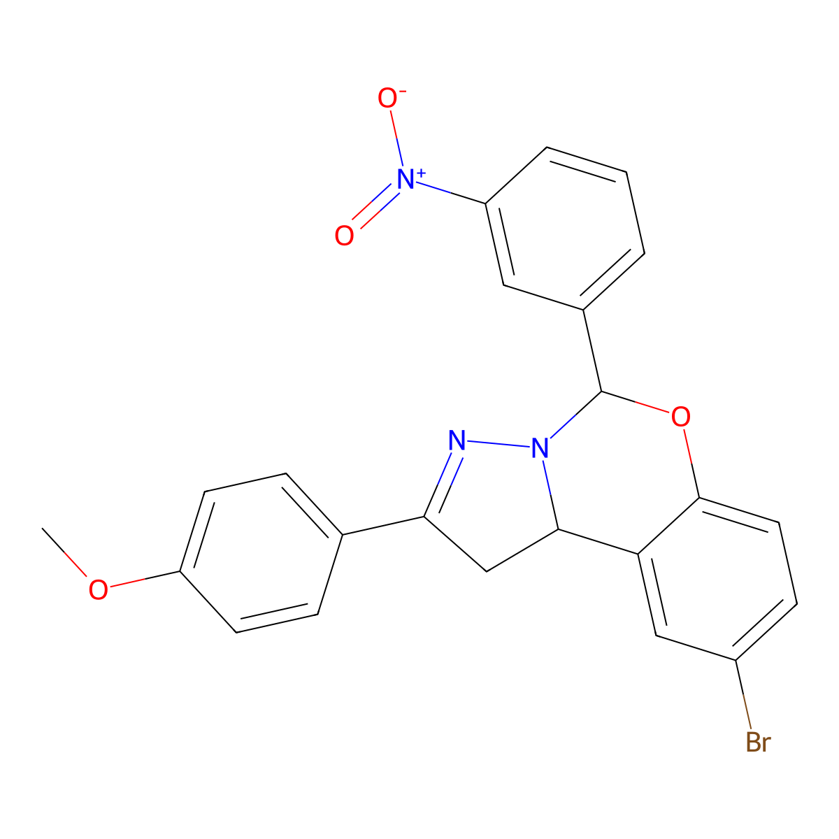 4(9-BR-5(3-Nitro-PH)1,10B-dihydropyrazolo(1,5-C)(1,3)benzoxazin-2-YL)PH ME ether molecular structure, CAS 303061-02-1
