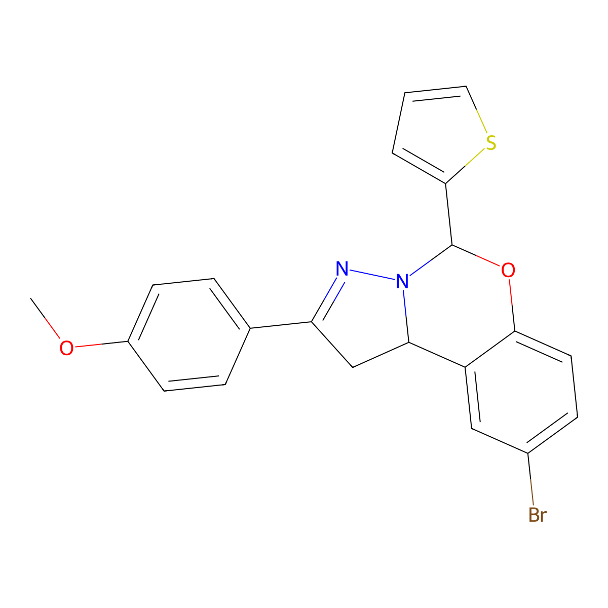 4(9-BR-5-(2-Thienyl)1,10B-dihydropyrazolo(1,5-C)(1,3)benzoxazin-2-YL)PH ME ether molecular structure, CAS 303061-13-4