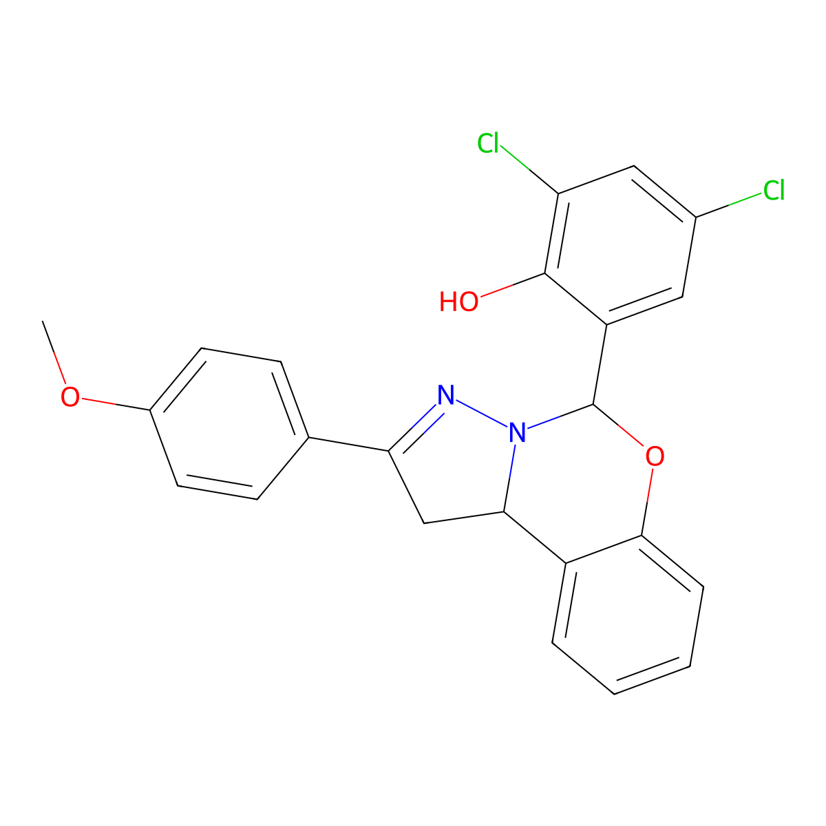 2,4-DI-CL-6-(2-(4-Meo-PH)1,10B-dihydropyrazolo(1,5-C)(1,3)benzoxazin-5-YL)phenol molecular structure, CAS 303061-14-5