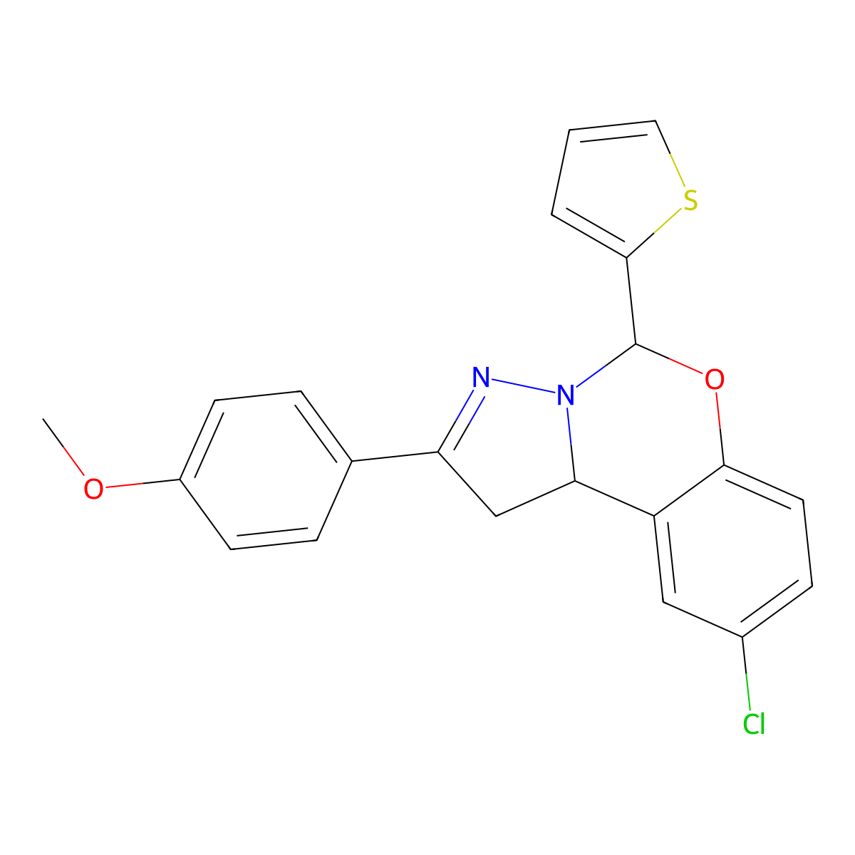 4(9-CL-5-(2-Thienyl)1,10B-dihydropyrazolo(1,5-C)(1,3)benzoxazin-2-YL)PH ME ether molecular structure, CAS 303061-16-7