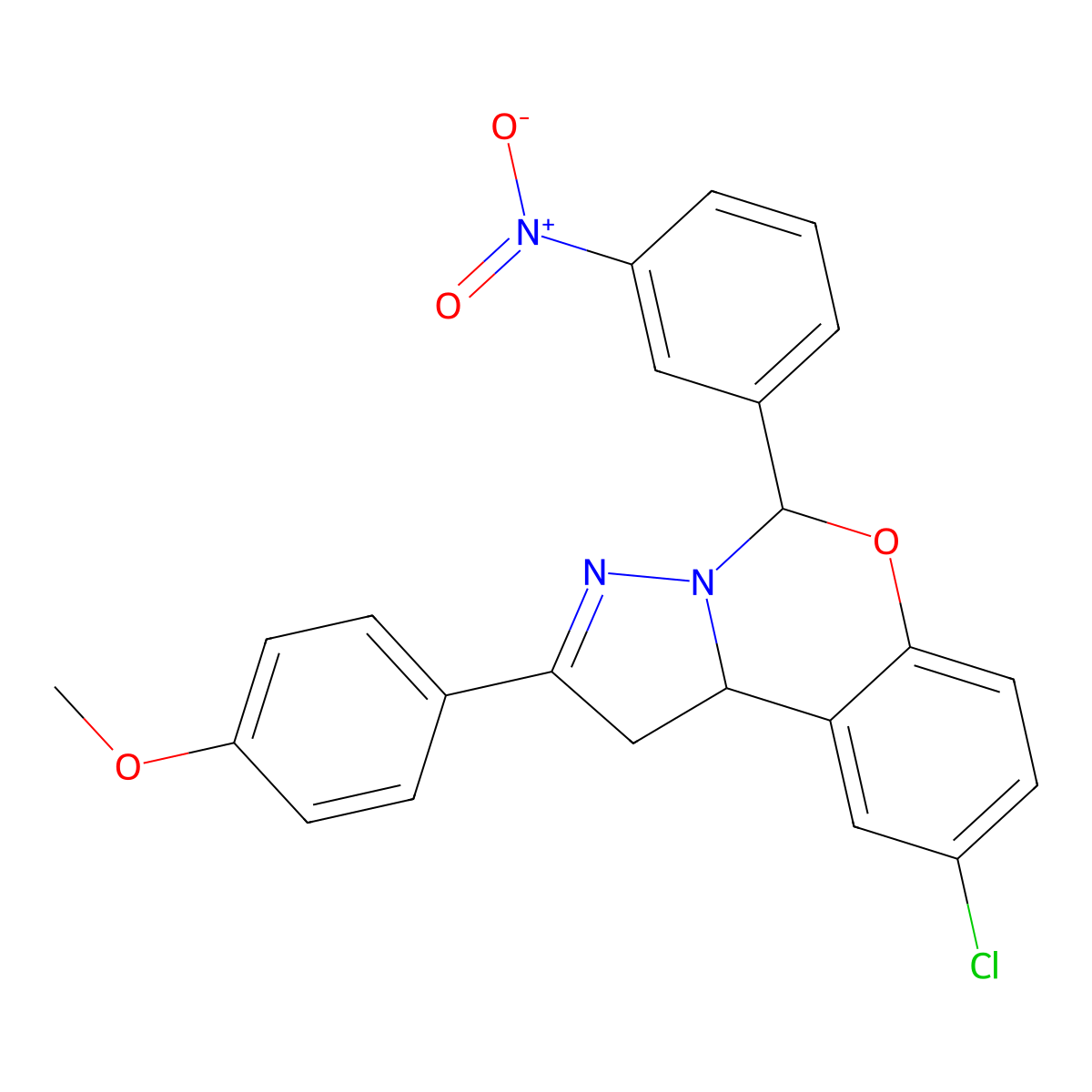 4(9-CL-5(3-Nitro-PH)1,10B-dihydropyrazolo(1,5-C)(1,3)benzoxazin-2-YL)PH ME ether molecular structure, CAS 303061-18-9