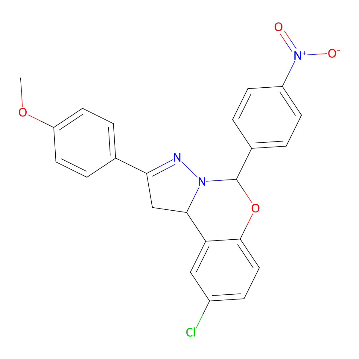 4(9-CL-5(4-Nitro-PH)1,10B-dihydropyrazolo(1,5-C)(1,3)benzoxazin-2-YL)PH ME ether molecular structure, CAS 303061-19-0