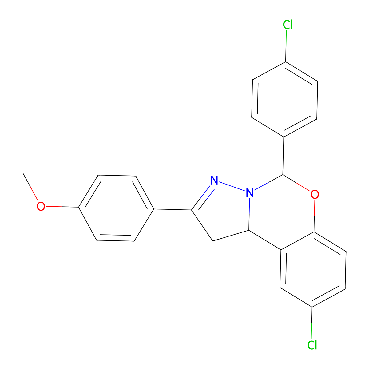 4-(9-CL-5-(4-CL-PH)-1,10B-Dihydropyrazolo(1,5-C)(1,3)benzoxazin-2-YL)PH ME ether molecular structure, CAS 303061-23-6