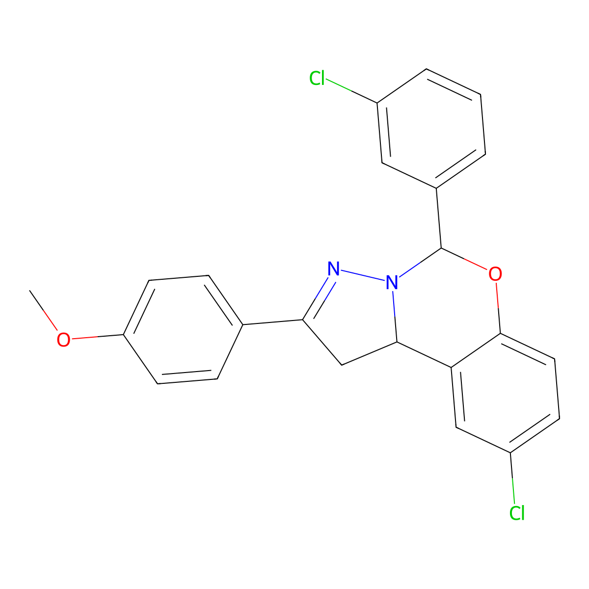 4-(9-CL-5-(3-CL-PH)-1,10B-Dihydropyrazolo(1,5-C)(1,3)benzoxazin-2-YL)PH ME ether molecular structure, CAS 303061-24-7