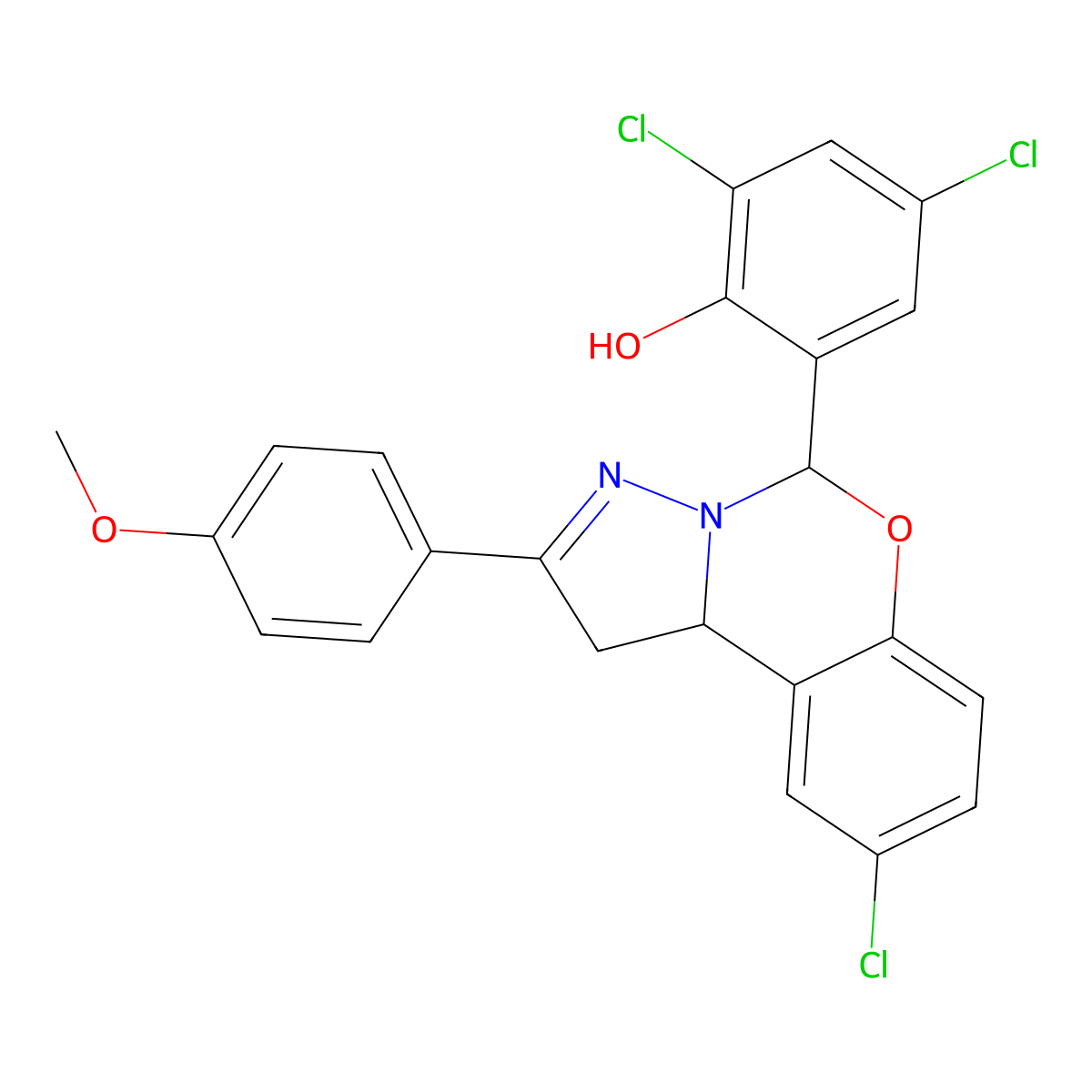 2,4-Dichloro-6-[9-chloro-2-(4-methoxyphenyl)-1,10B-dihydropyrazolo[1,5-C][1,3]benzoxazin-5-YL]phenol molecular structure, CAS 303061-25-8