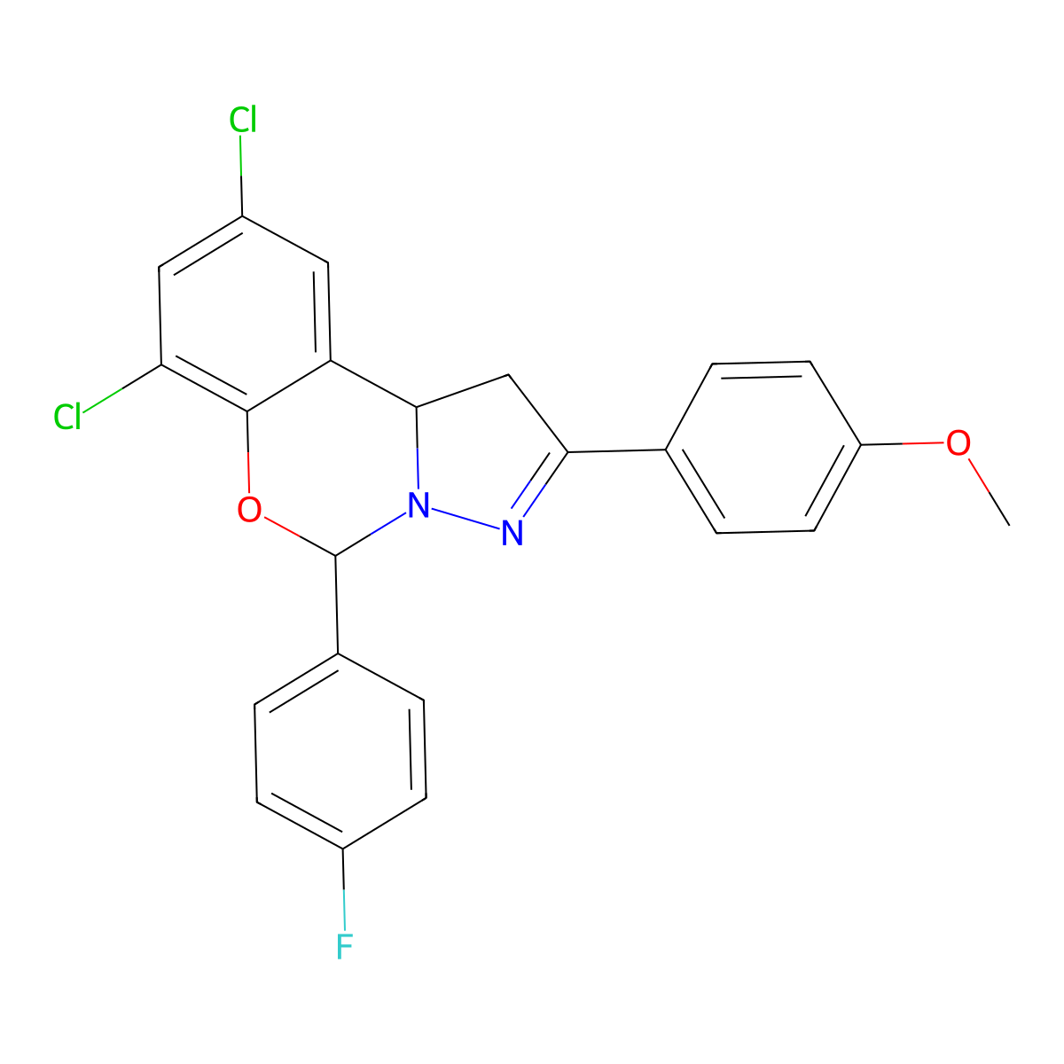 7,9-DI-CL-5-(4-F-PH)-2-(4-Meo-PH)-1,10B-dihydropyrazolo(1,5-C)(1,3)benzoxazine molecular structure, CAS 303061-35-0