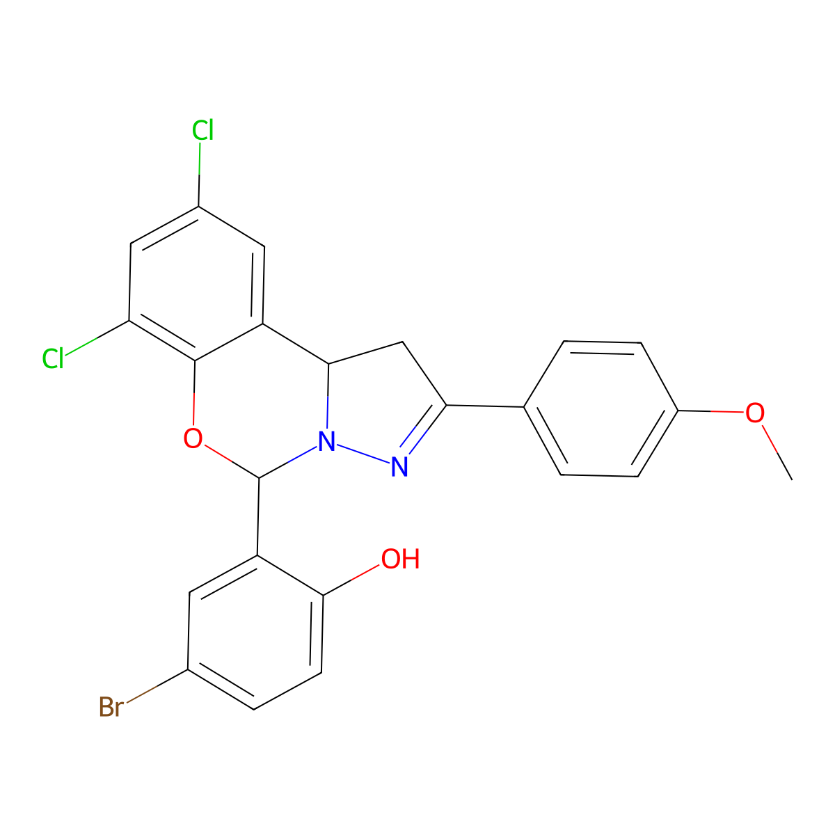 4-Bromo-2-(7,9-dichloro-2-(4-methoxyphenyl)-1,10B-dihydropyrazolo(1,5-C)(1,3)benzoxazin-5-YL)phenol molecular structure, CAS 303061-37-2