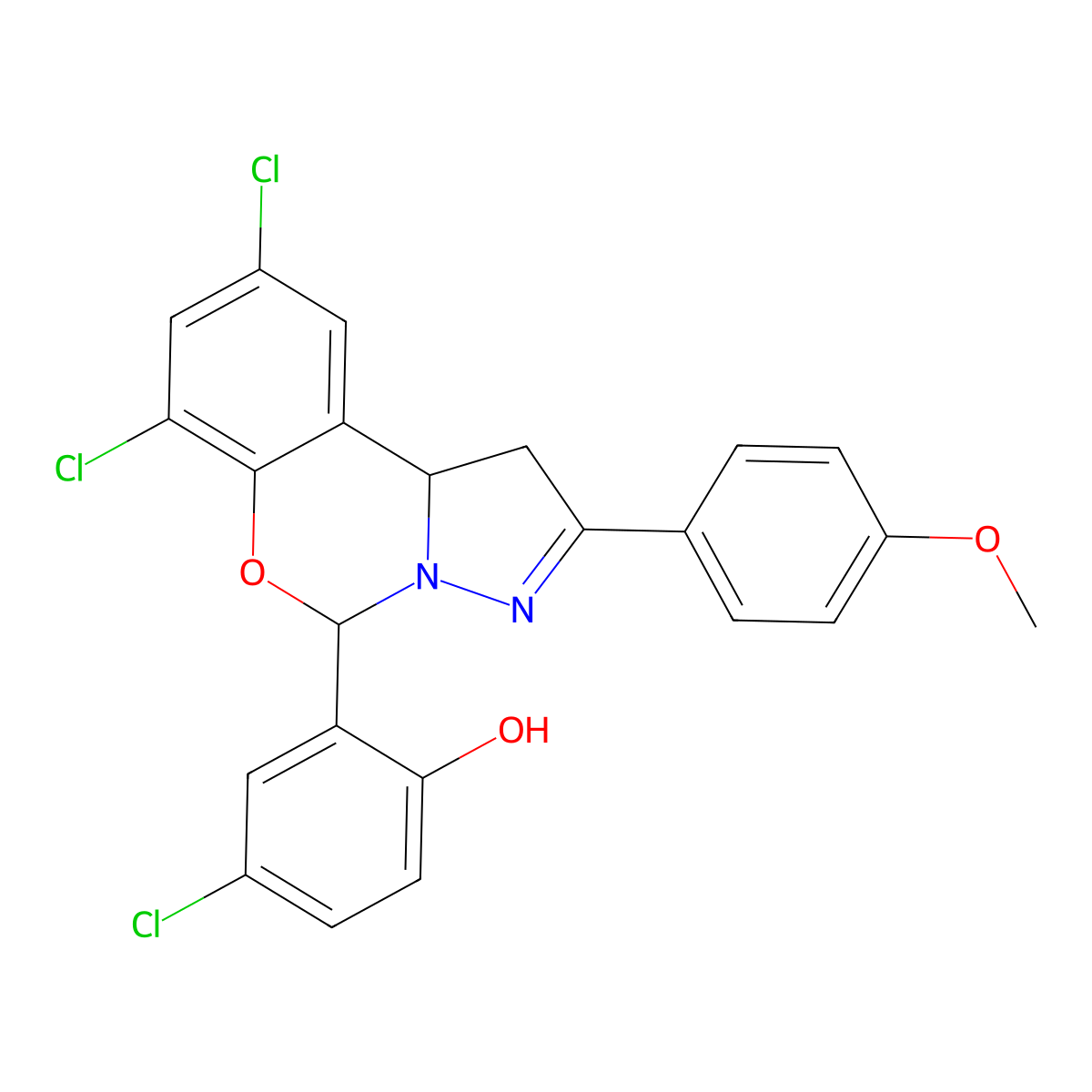 4-Chloro-2-(7,9-dichloro-2-(4-methoxyphenyl)-1,10B-dihydropyrazolo(1,5-C)(1,3)benzoxazin-5-YL)phenol molecular structure, CAS 303061-39-4