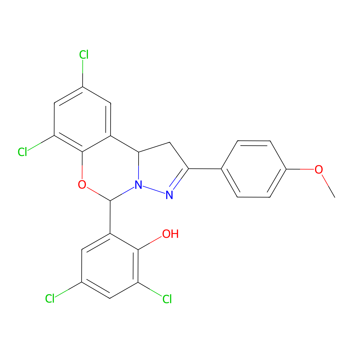 2,4-Dichloro-6-[7,9-dichloro-2-(4-methoxyphenyl)-1,10B-dihydropyrazolo[1,5-C][1,3]benzoxazin-5-YL]phenol molecular structure, CAS 303061-40-7