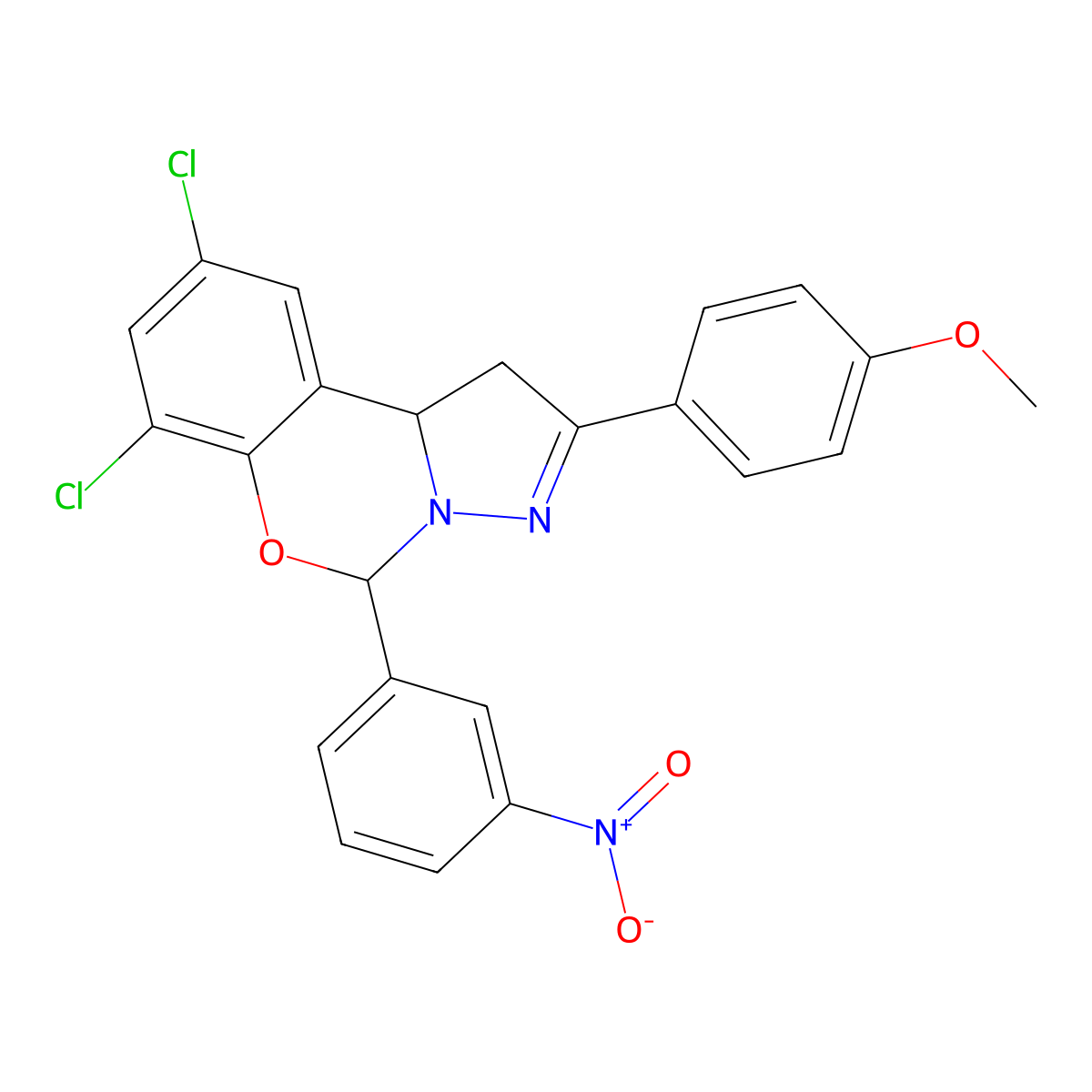 7,9-Dichloro-2-(4-methoxyphenyl)-5-(3-nitrophenyl)-1,10b-dihydropyrazolo(1,5-c)(1,3)benzoxazine molecular structure, CAS 303061-41-8