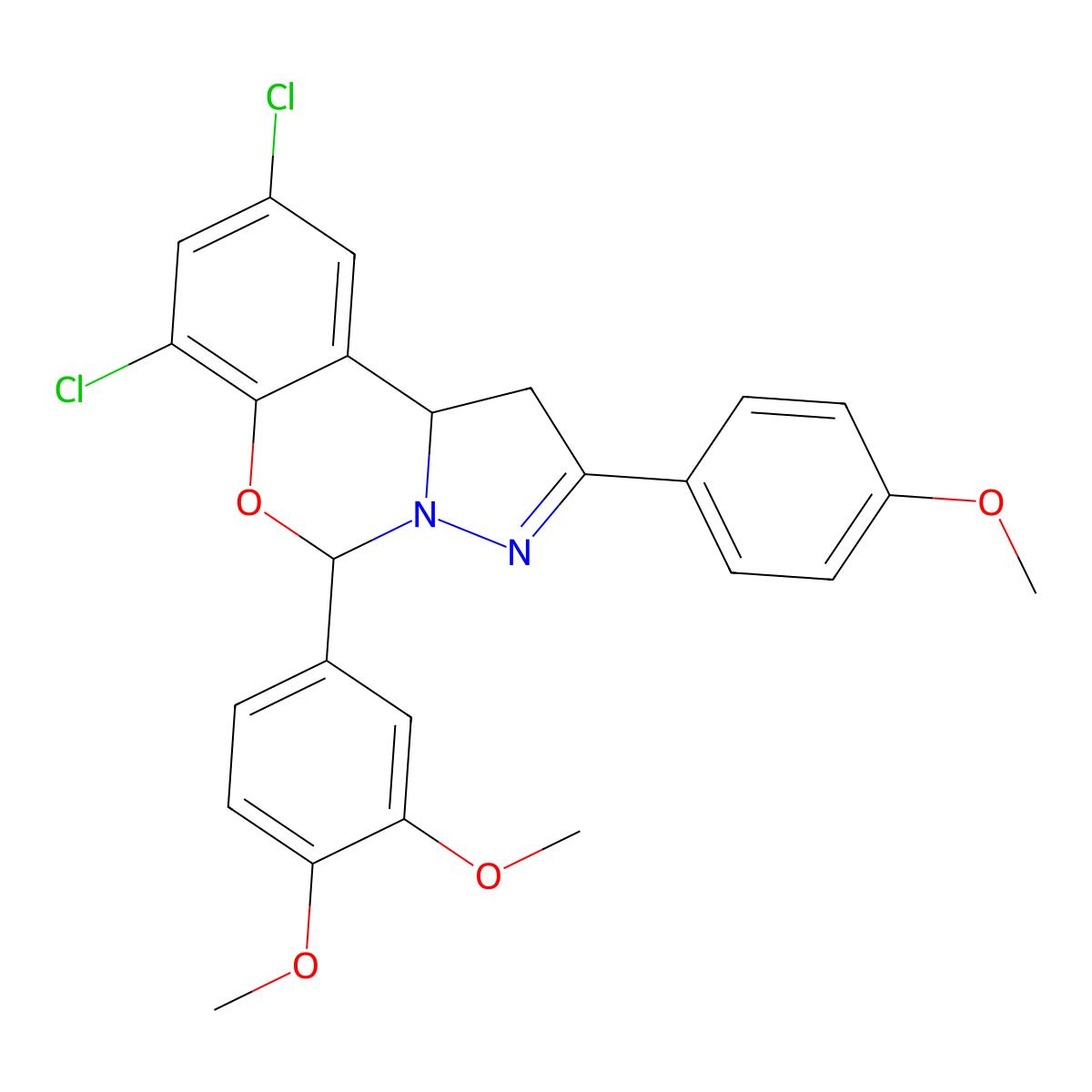 7,9-Dichloro-5-(3,4-dimethoxyphenyl)-2-(4-methoxyphenyl)-1,10B-dihydropyrazolo[1,5-C][1,3]benzoxazine molecular structure, CAS 303061-43-0