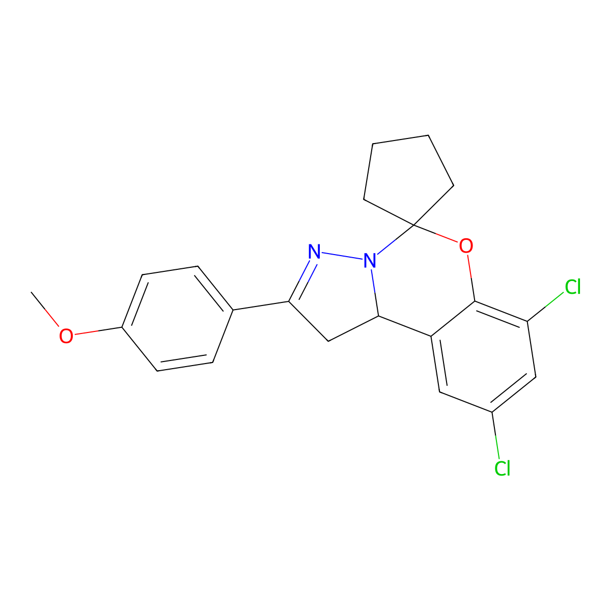 7,9-Dichloro-2-(4-methoxyphenyl)-1,10B-dihydrospiro[benzo[E]pyrazolo[1,5-C][1,3]oxazine-5,1'-cyclopentane] molecular structure, CAS 303061-46-3