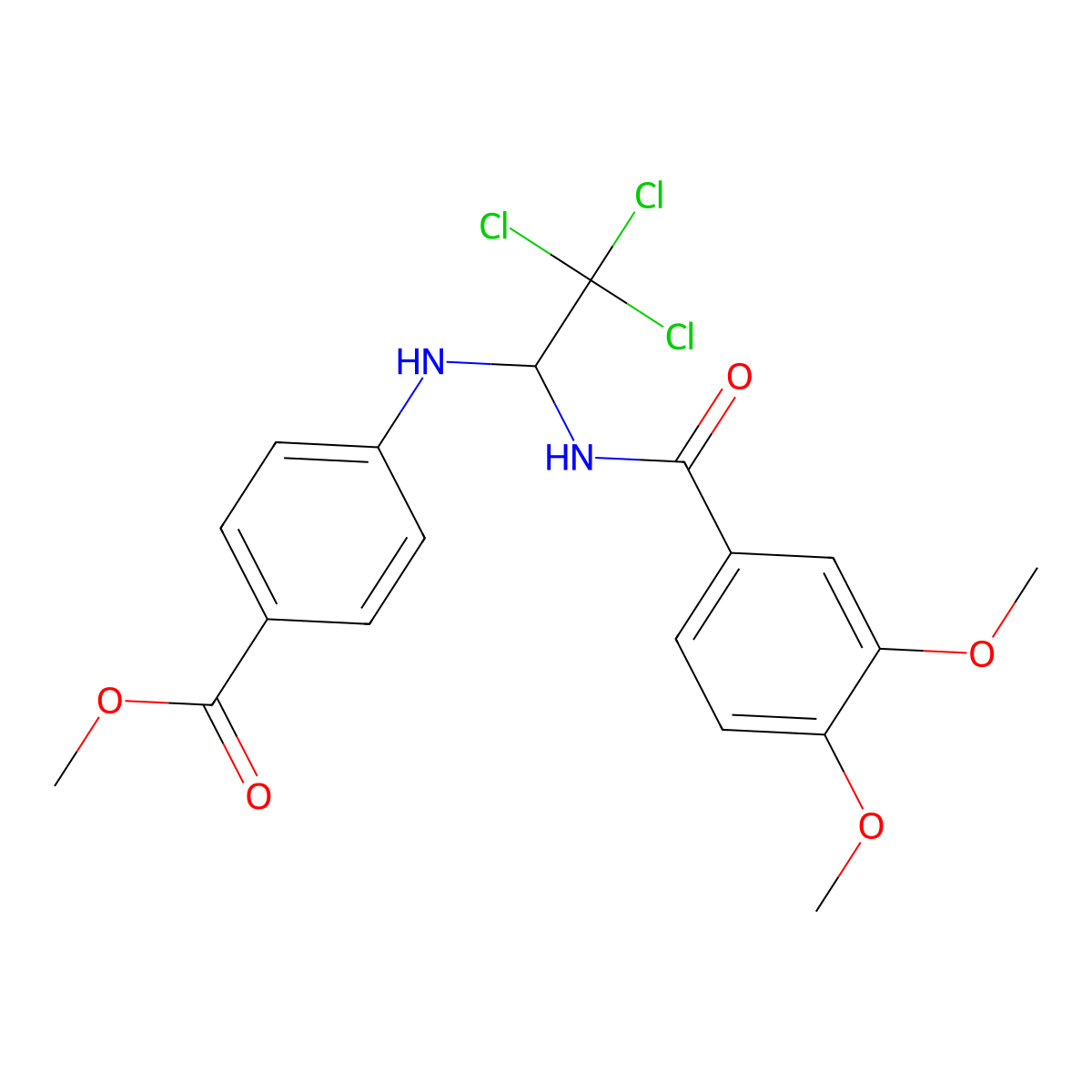 Methyl 4-((2,2,2-trichloro-1-((3,4-dimethoxybenzoyl)amino)ethyl)amino)benzoate molecular structure, CAS 303061-66-7