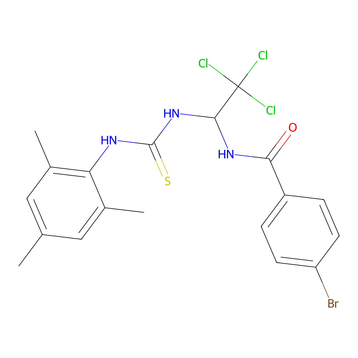 4-Bromo-N-(2,2,2-trichloro-1-(((mesitylamino)carbothioyl)amino)ethyl)benzamide molecular structure, CAS 303063-15-2