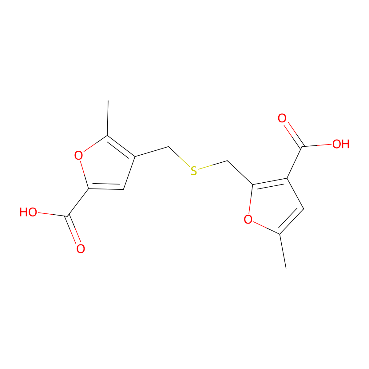 4-({[(3-Carboxy-5-methylfuran-2-yl)methyl]sulfanyl}methyl)-5-methylfuran-2-carboxylic acid molecular structure, CAS 303064-19-9