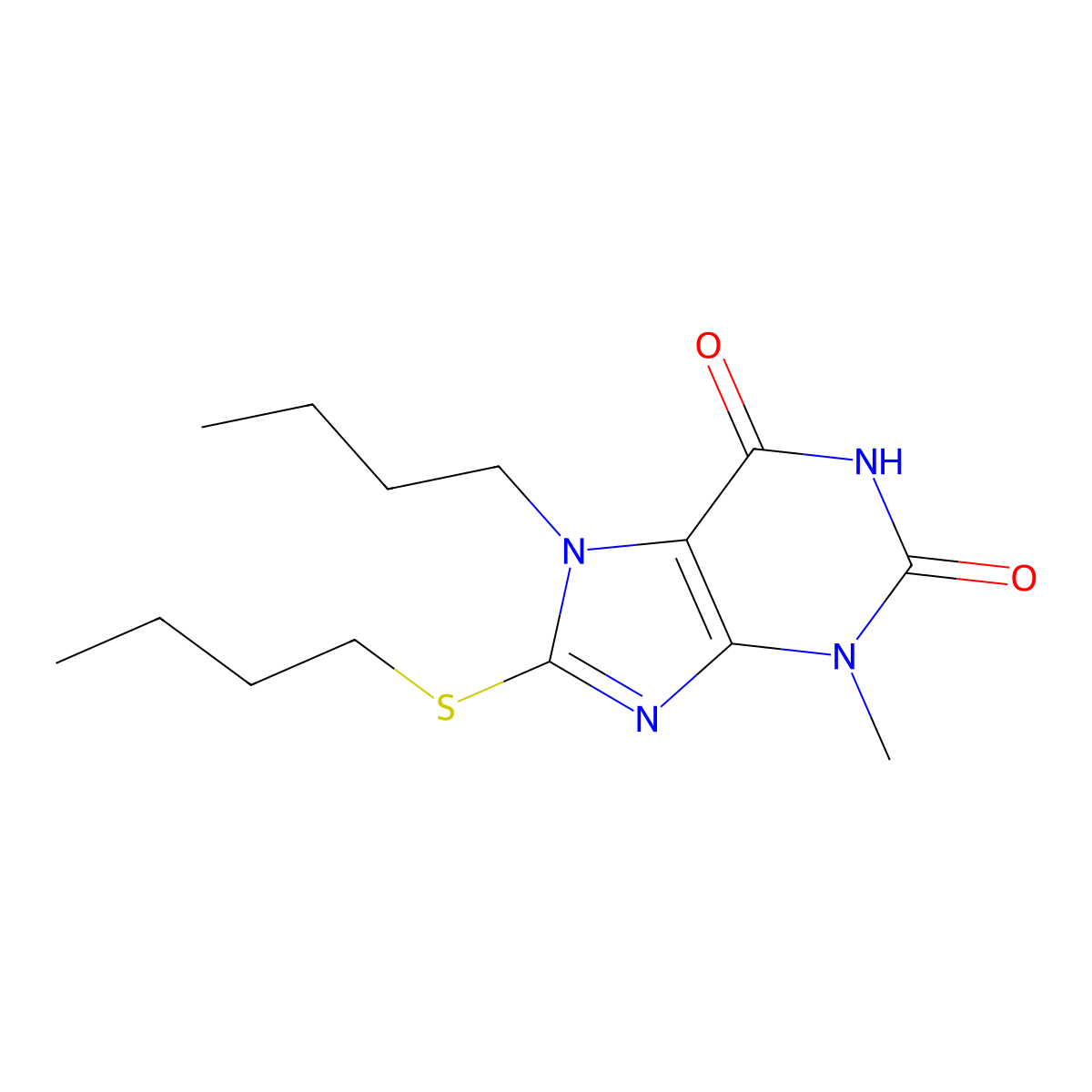7-butyl-8-(butylsulfanyl)-3-methyl-3,7-dihydro-1H-purine-2,6-dione molecular structure, CAS 303067-58-5