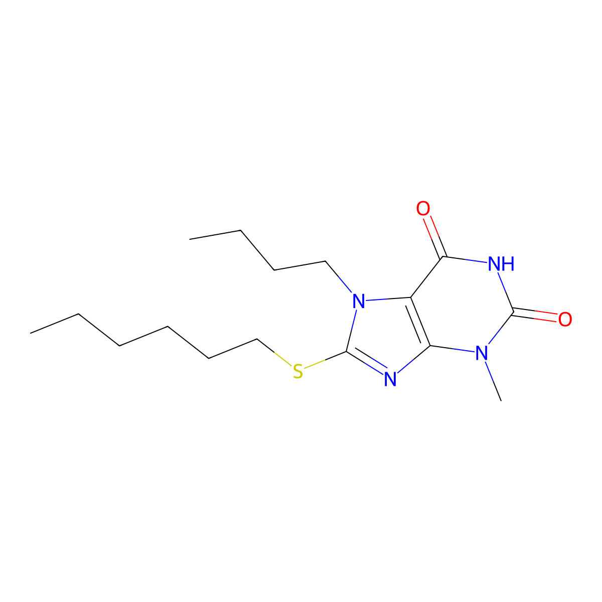7-butyl-8-(hexylthio)-3-methyl-1H-purine-2,6(3H,7H)-dione molecular structure, CAS 303067-60-9