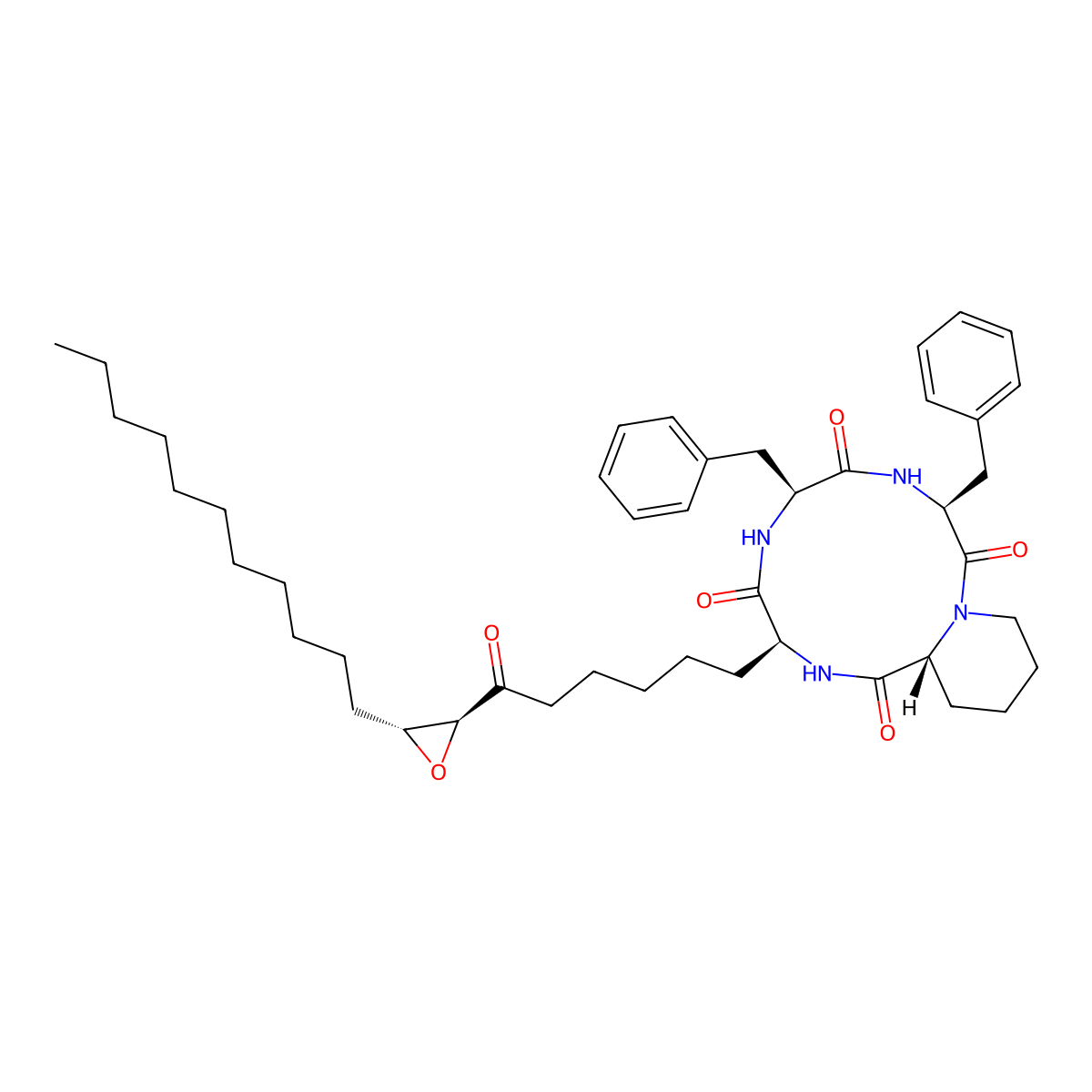 (3S,6S,9S,15aR)-6,9-Dibenzyl-3-(6-oxo-6-((2S,3R)-3-undecyloxiran-2-yl)hexyl)octahydro-2H-pyrido[1,2-a][1,4,7,10]tetraazacyclododecine-1,4,7,10(3H,12H)-tetraone molecular structure, CAS 3030718-42-1