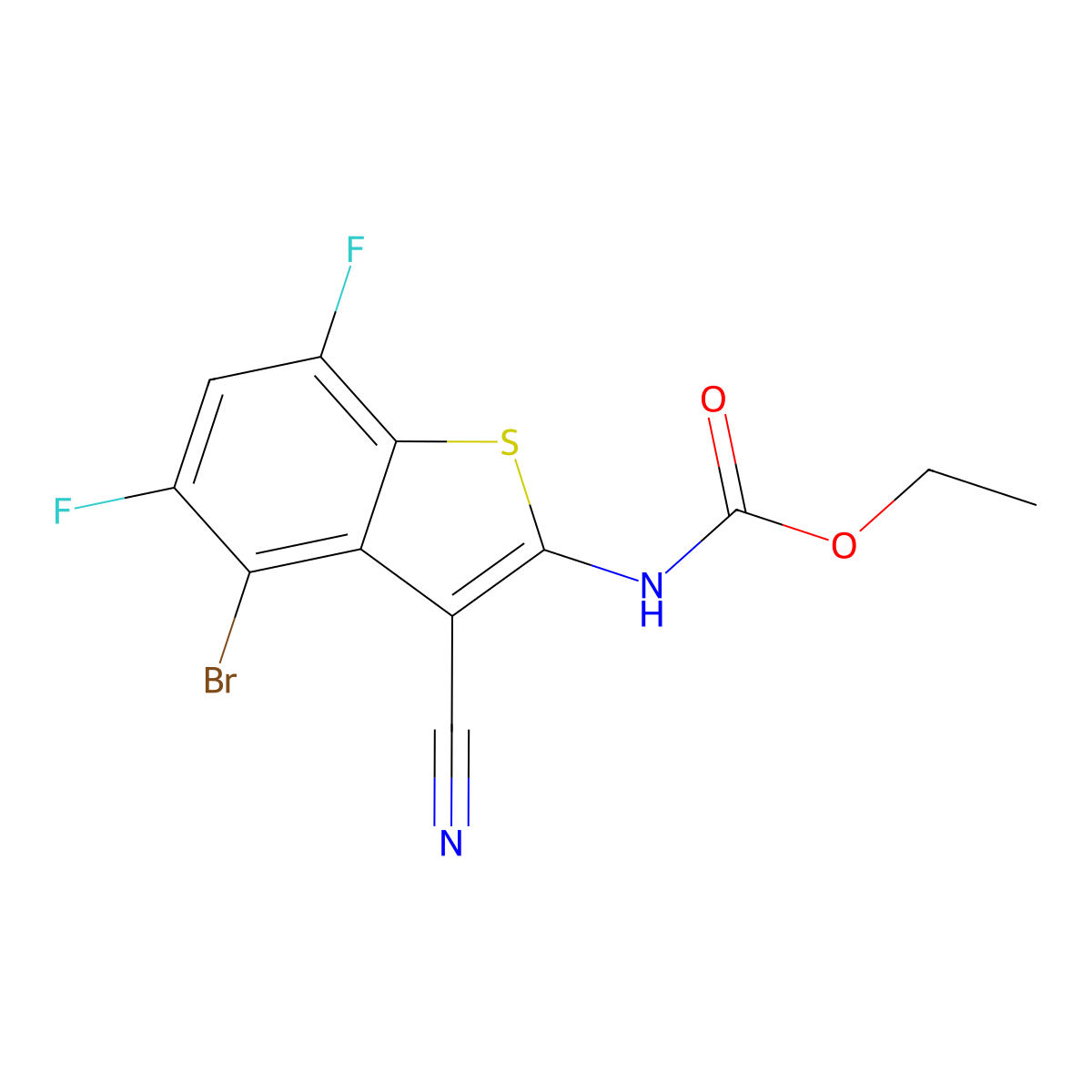 Ethyl (4-bromo-3-cyano-5,7-difluorobenzo[b]thiophen-2-yl)carbamate molecular structure, CAS 3030723-51-1