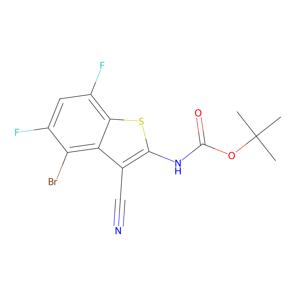 tert-Butyl N-(4-bromo-3-cyano-5,7-difluoro-benZothiophen-2-yl)carbamate molecular structure, CAS 3030723-53-3